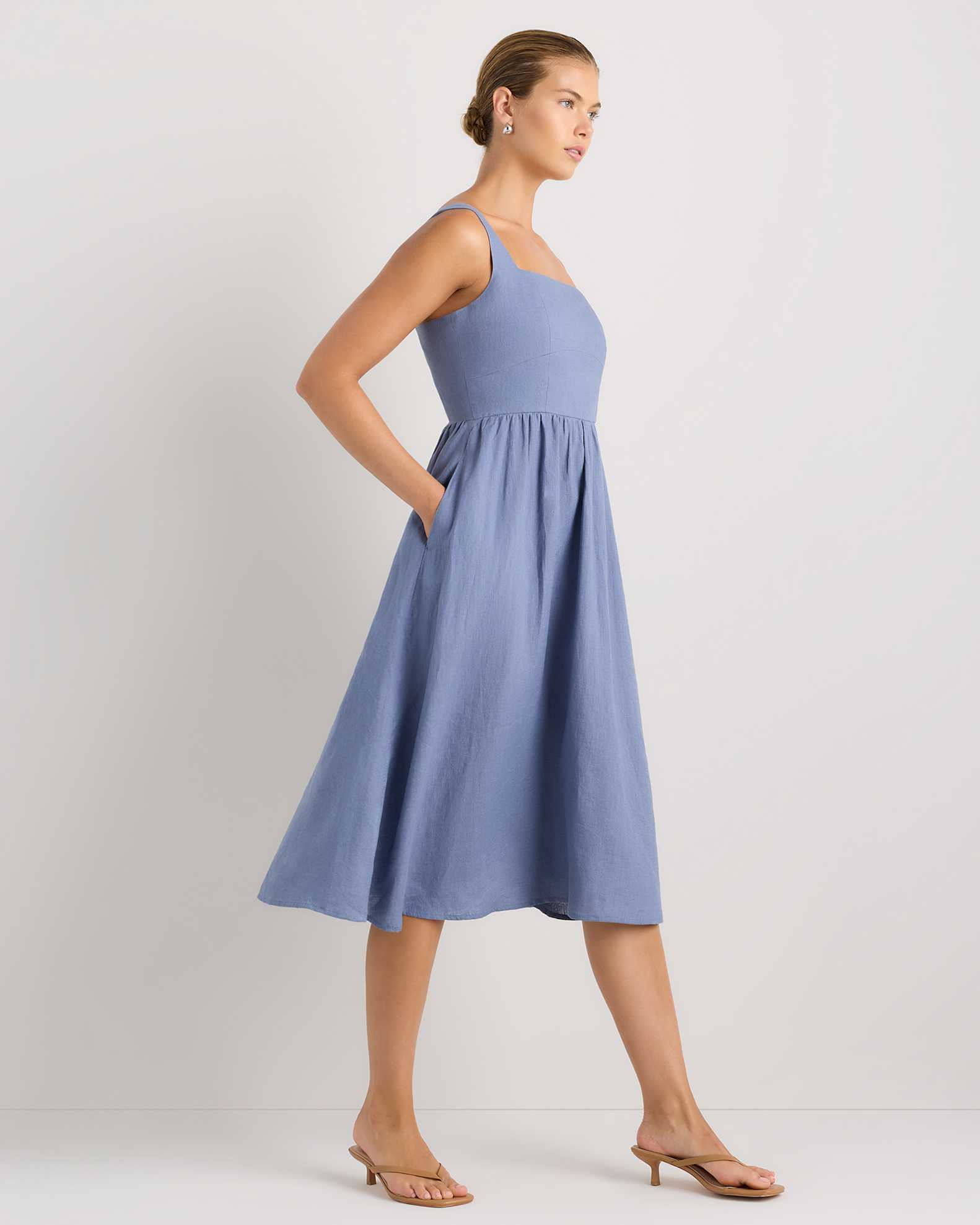 blue fit and flare midi dress Pleated Woven Fit and Flare Dress