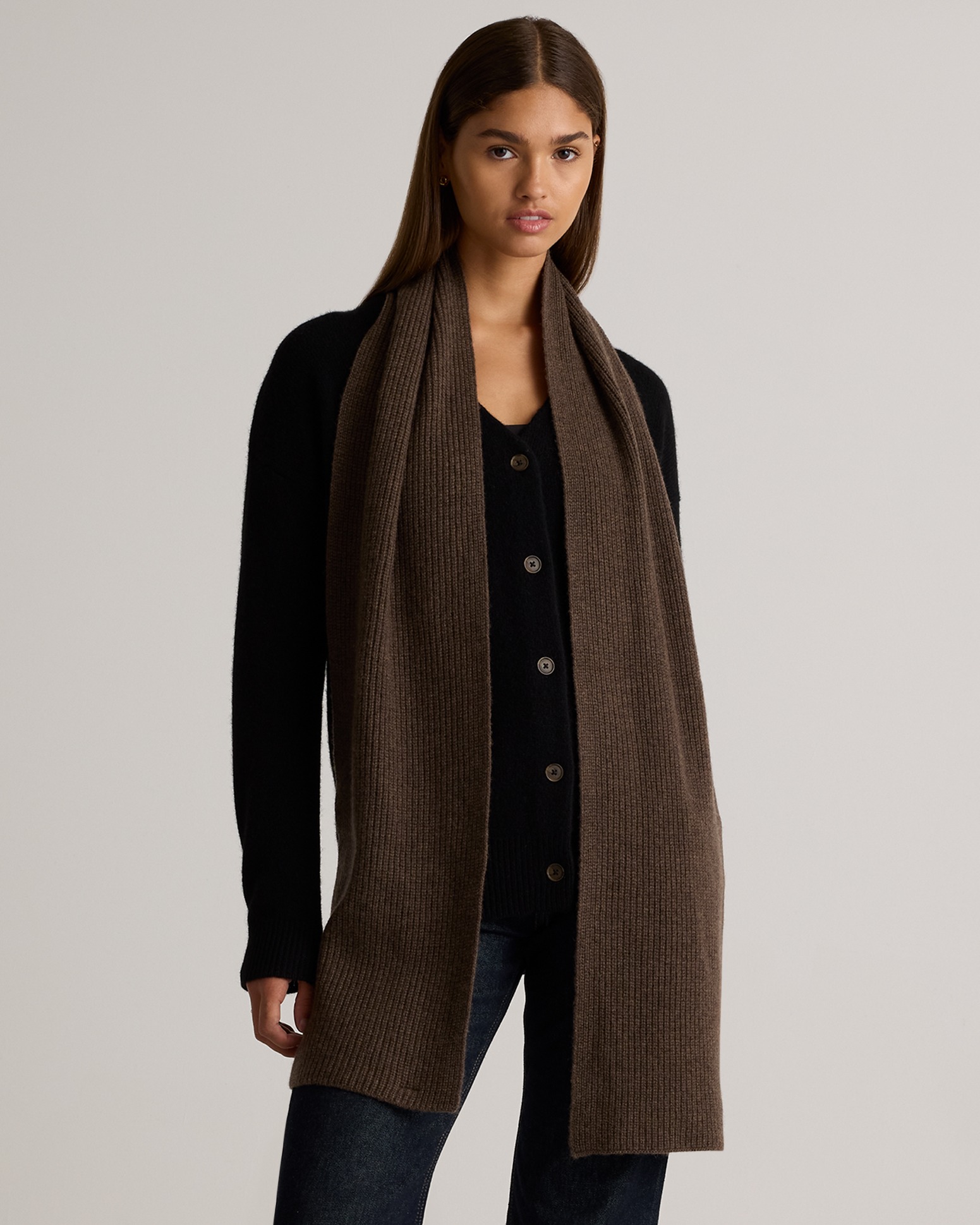 Brown Mongolian Cashmere Ribbed Scarf