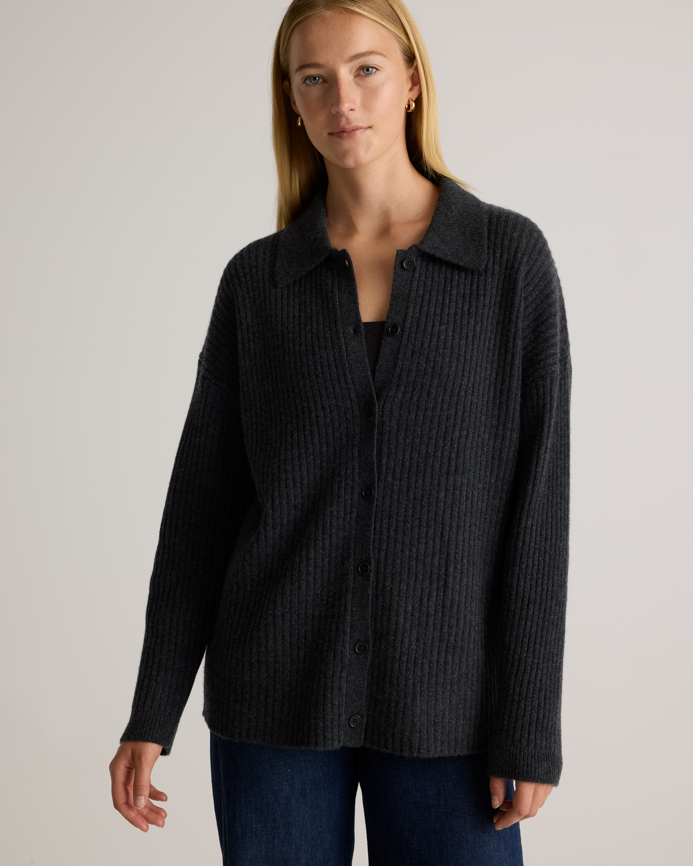 Mongolian Cashmere Wide-Rib Oversized Collared Cardigan in Heather