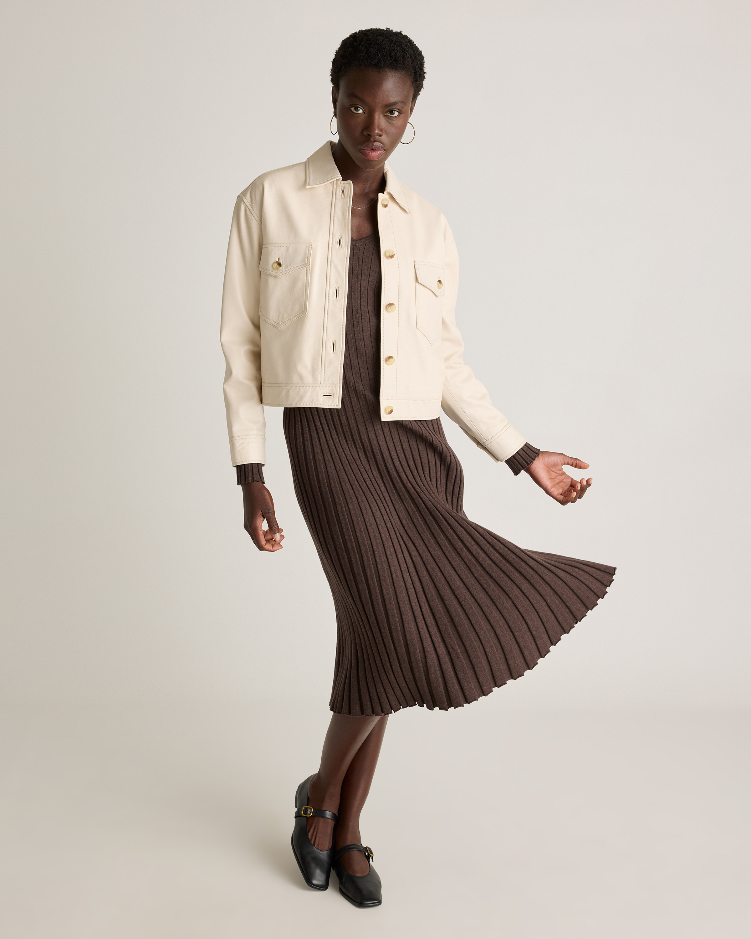 Cotton Cashmere Ribbed Long Sleeve V-Neck Midi Dress in Mocha Heather