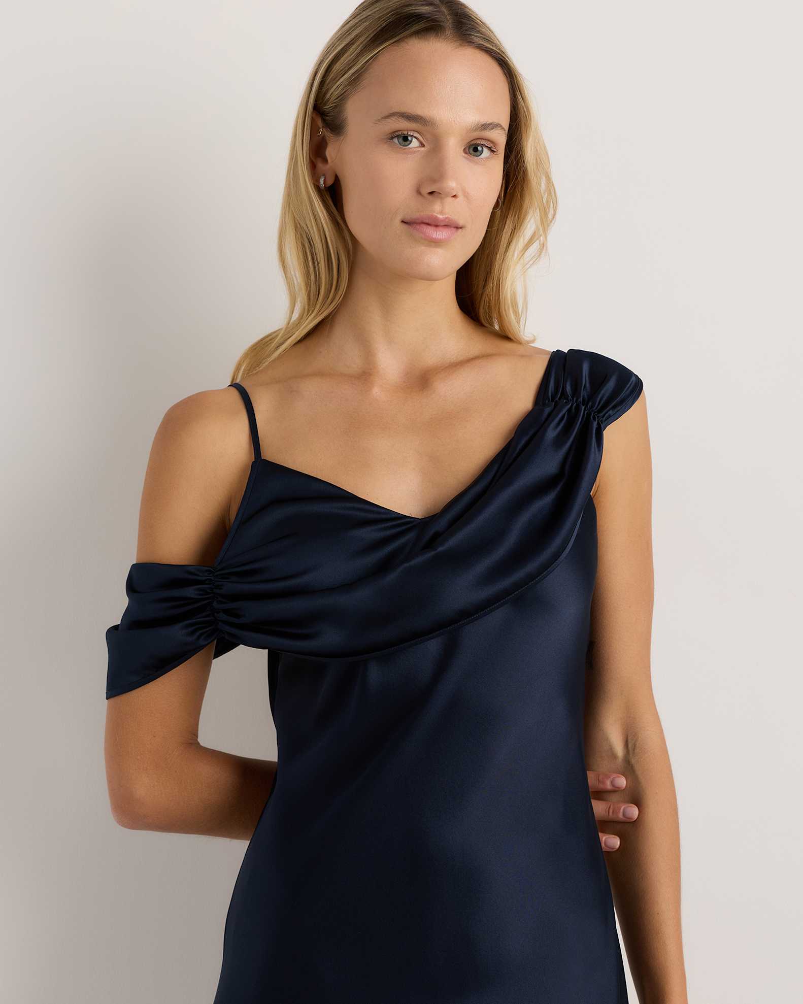 Women's Draped Shoulder Maxi Dress in Navy, Size Medium, Silk by Quince Women's Draped Shoulder Maxi Dress in Navy, Size Medium, Silk by Quince
