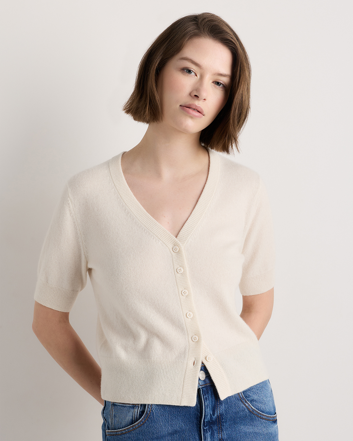 Ivory Mongolian Cashmere Short Sleeve Cardigan