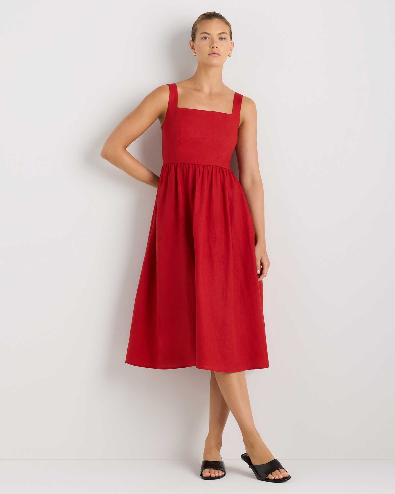 100% European Linen Fit & Flare Midi Dress in Chile 100% European Linen Fit & Flare Midi Dress in Chile