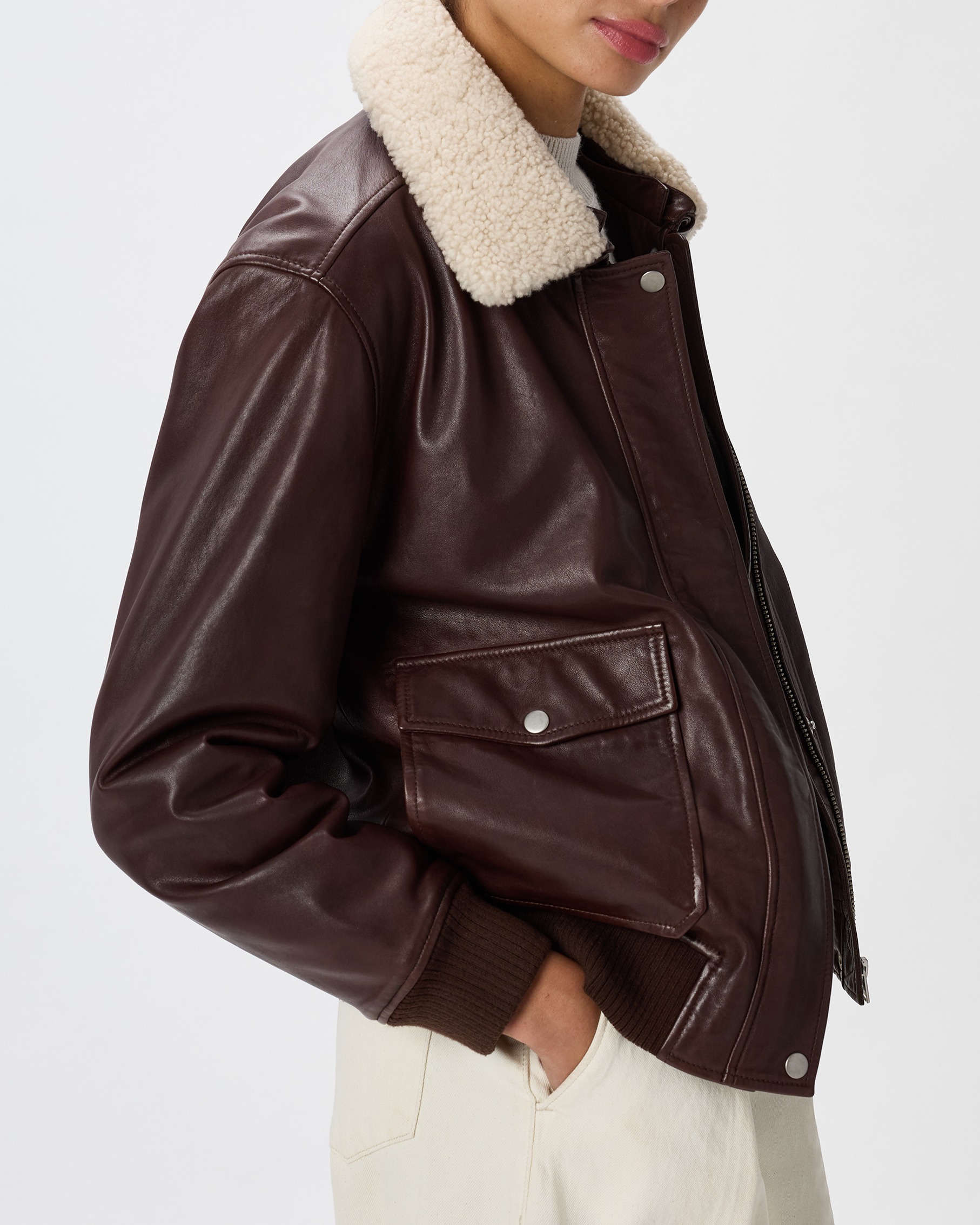 100% Leather Shearling Trim Aviator Jacket in Brown
