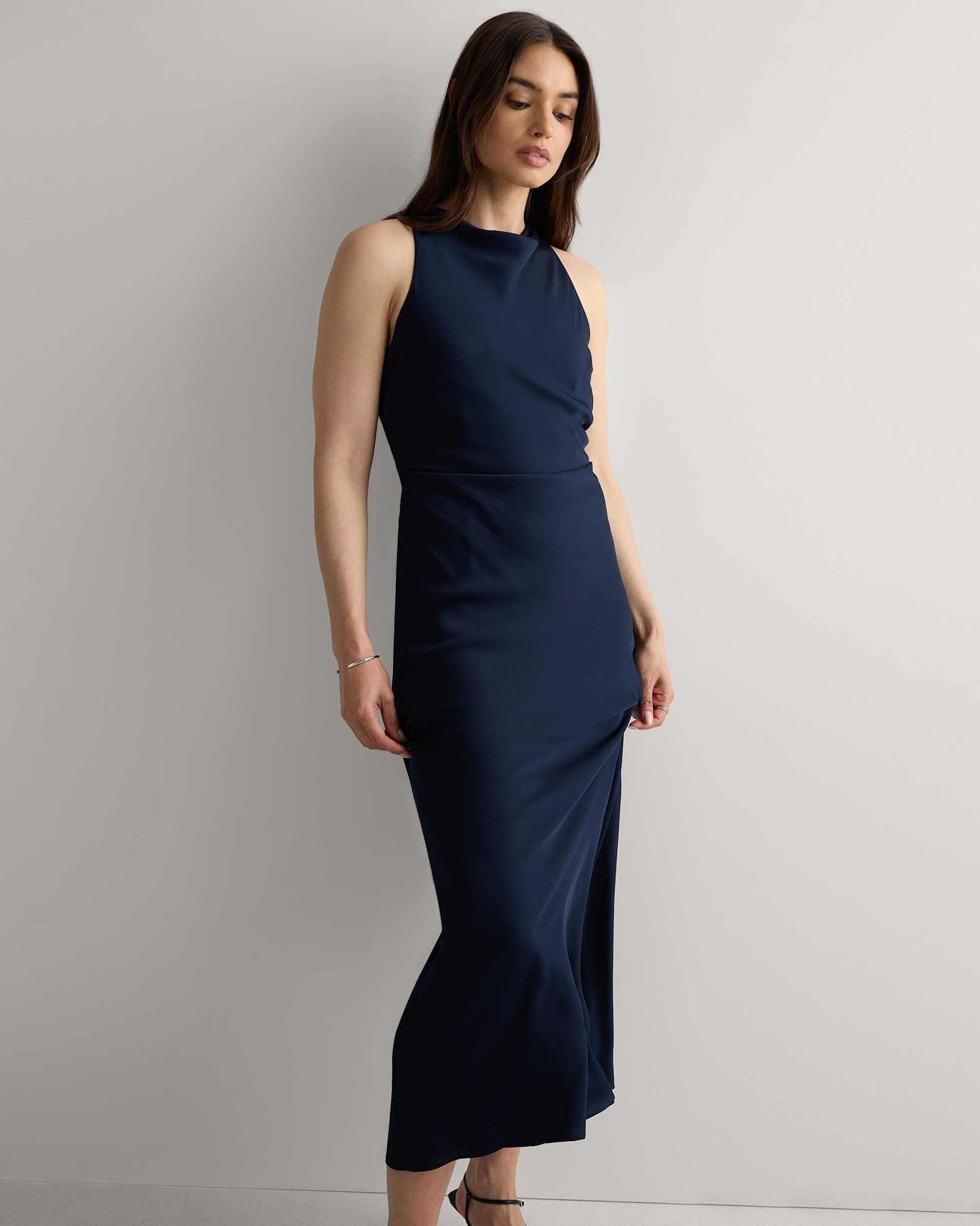Washable Stretch Silk High Neck Midi Dress in Navy Washable Stretch Silk High Neck Midi Dress in Navy