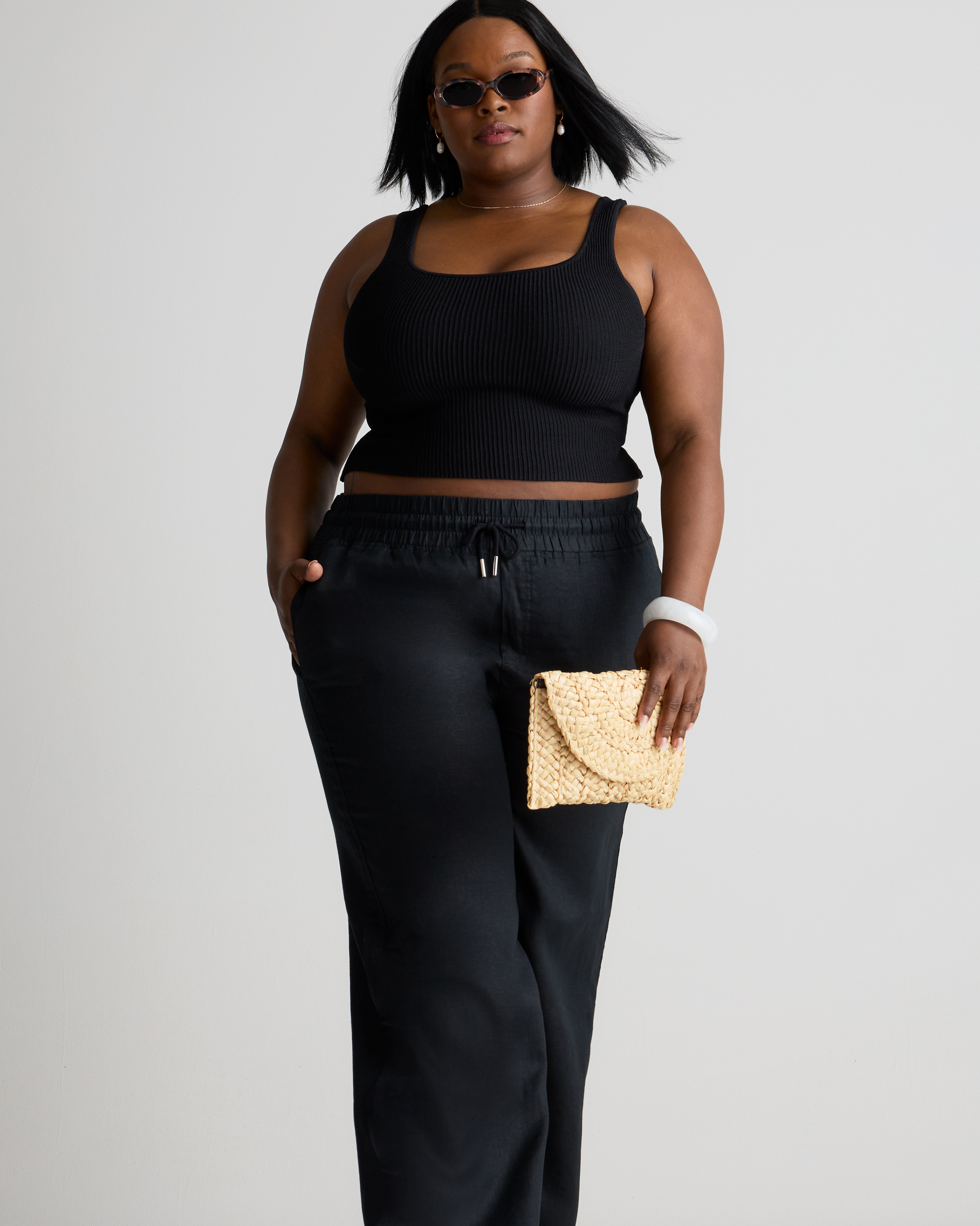 100% European Linen Wide Leg Pants - Plus Size in Black