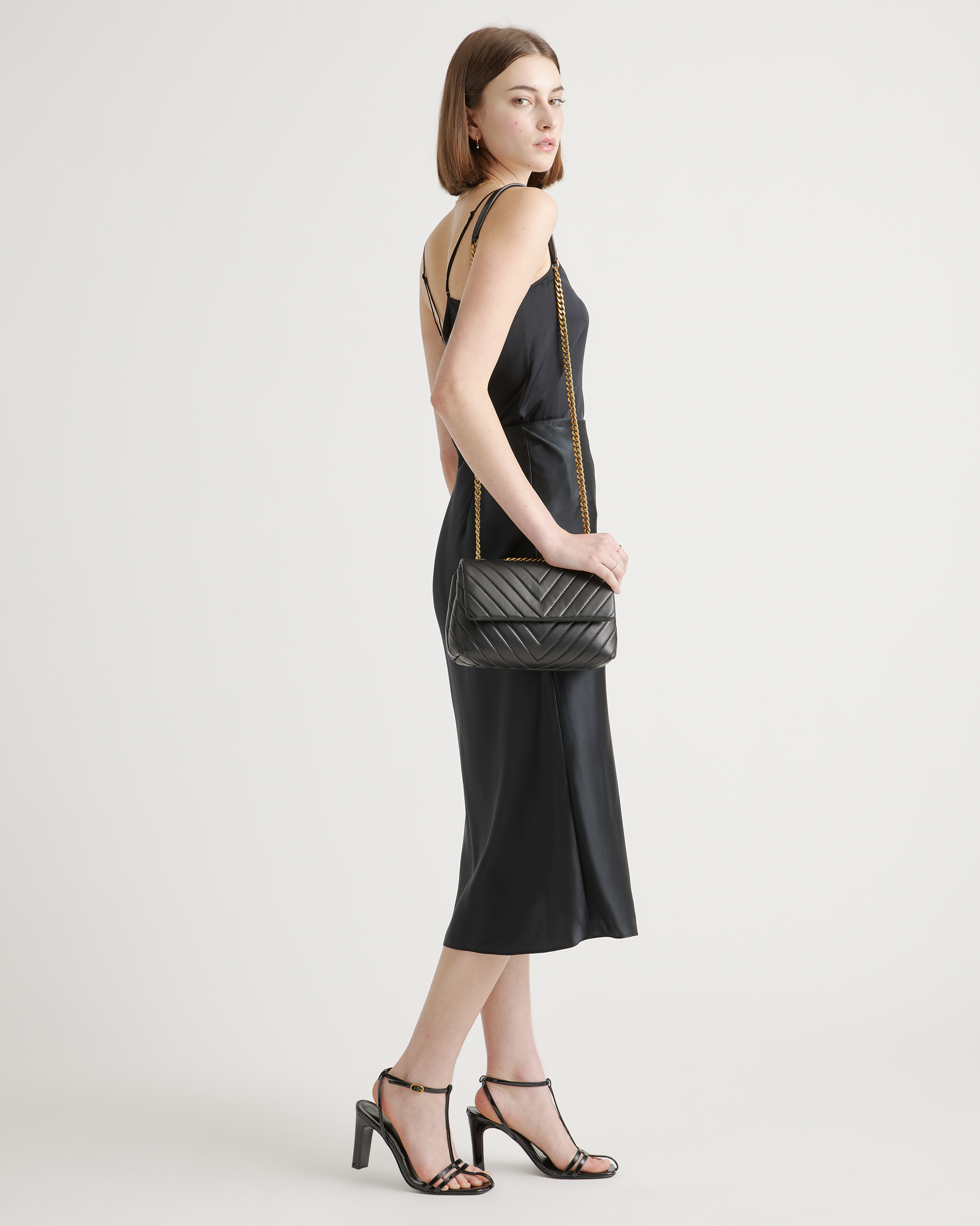 Quince Italian Leather Black crocodile print crossbody‎ bag with gold hardware Italian Leather Quilted Convertible Crossbody in Black/Gold main image 4
