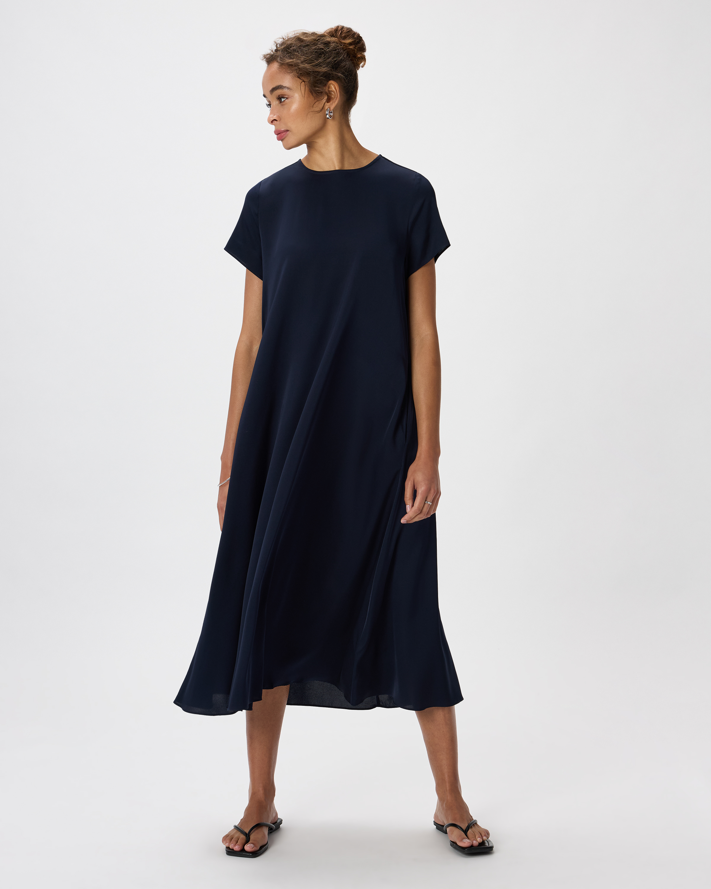 Navy Washable Stretch Silk Voluminous Maxi Dress