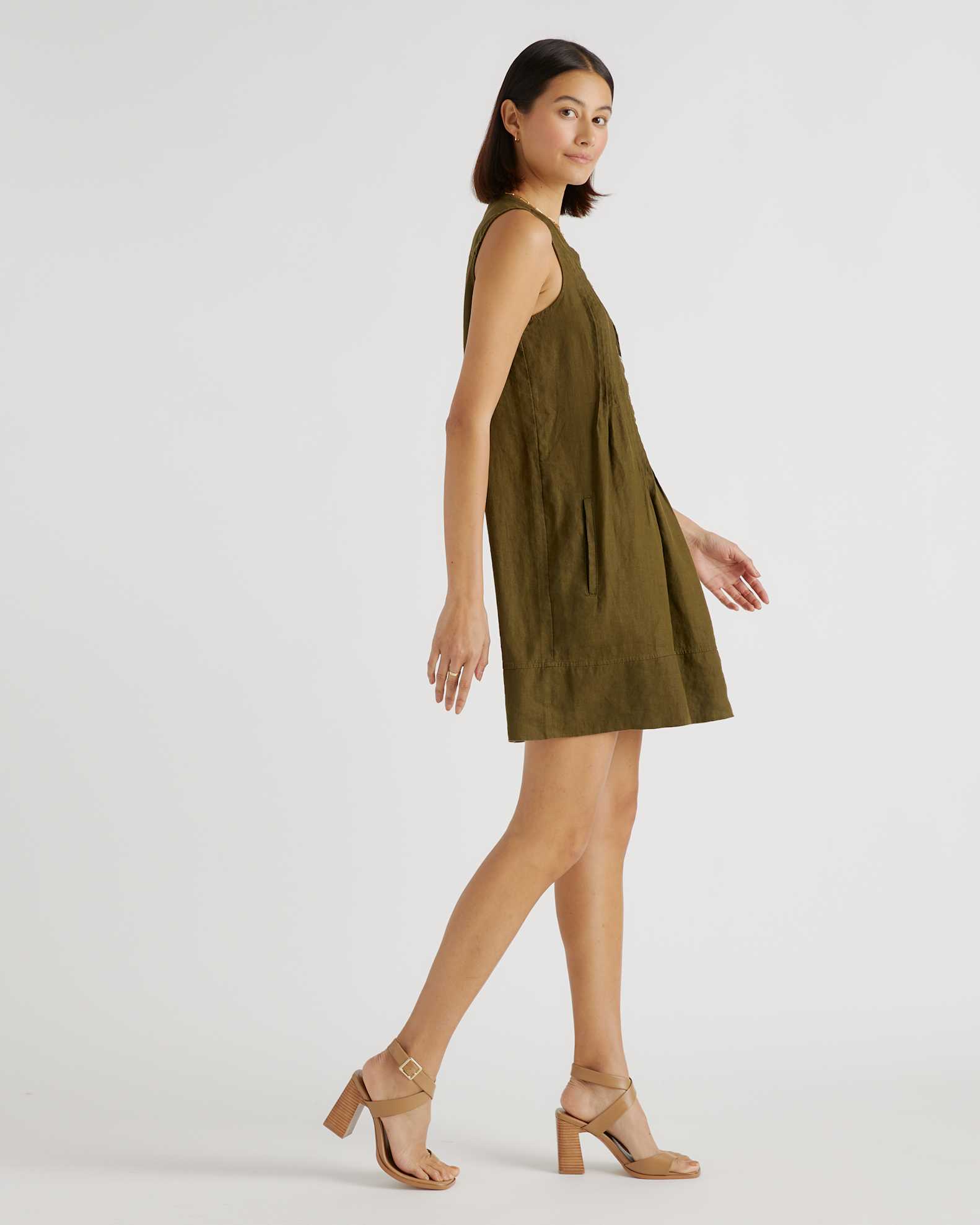 Quince Women's Sleeveless Swing Dress in Martini Olive, Size Large - 100% European Linen with Pin-Tucking & Pleat Details Quince Women's Sleeveless Swing Dress in Martini Olive, Size Large - 100% European Linen with Pin-Tucking & Pleat Details
