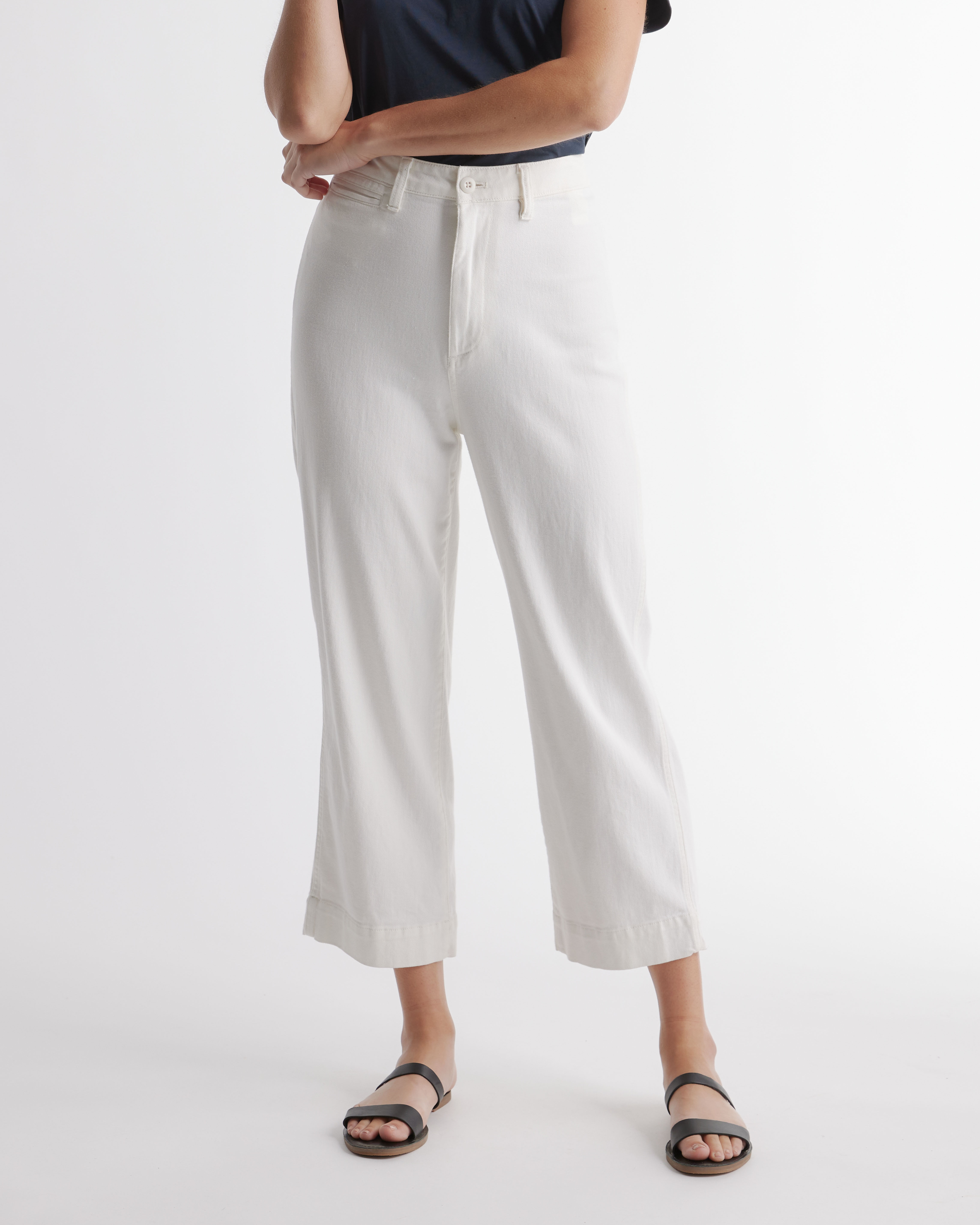 ivory Organic Stretch Cotton Twill Wide-Leg Crop Pants