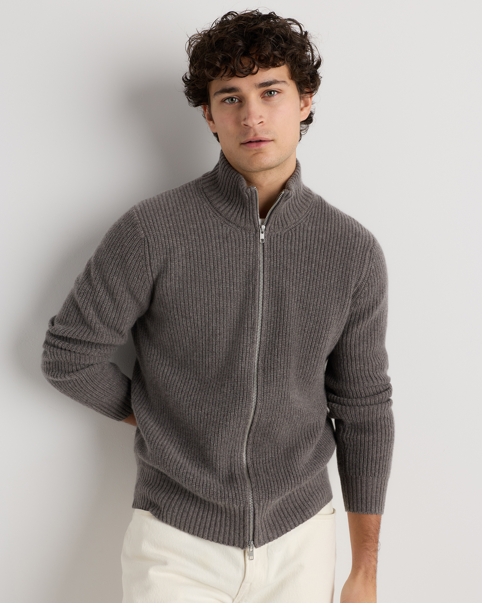 Elk Brown Mongolian Cashmere Fisherman Full Zip Sweater