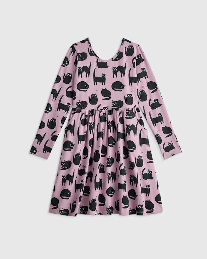 Purr-ple Cat Nap Organic Cotton Long Sleeve Skater Dress