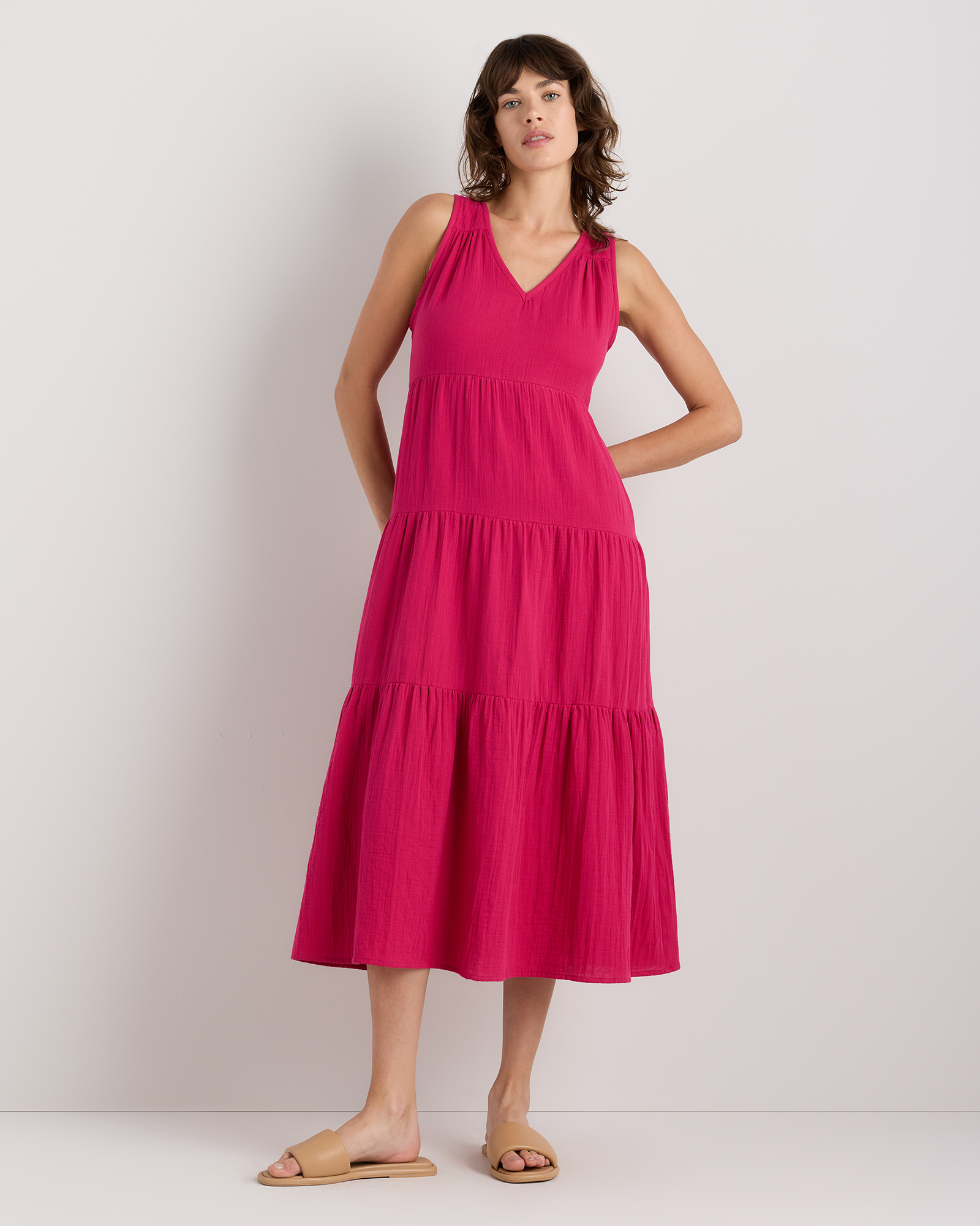 Amaranth Pink 100% Organic Cotton Gauze Tiered Maxi Dress