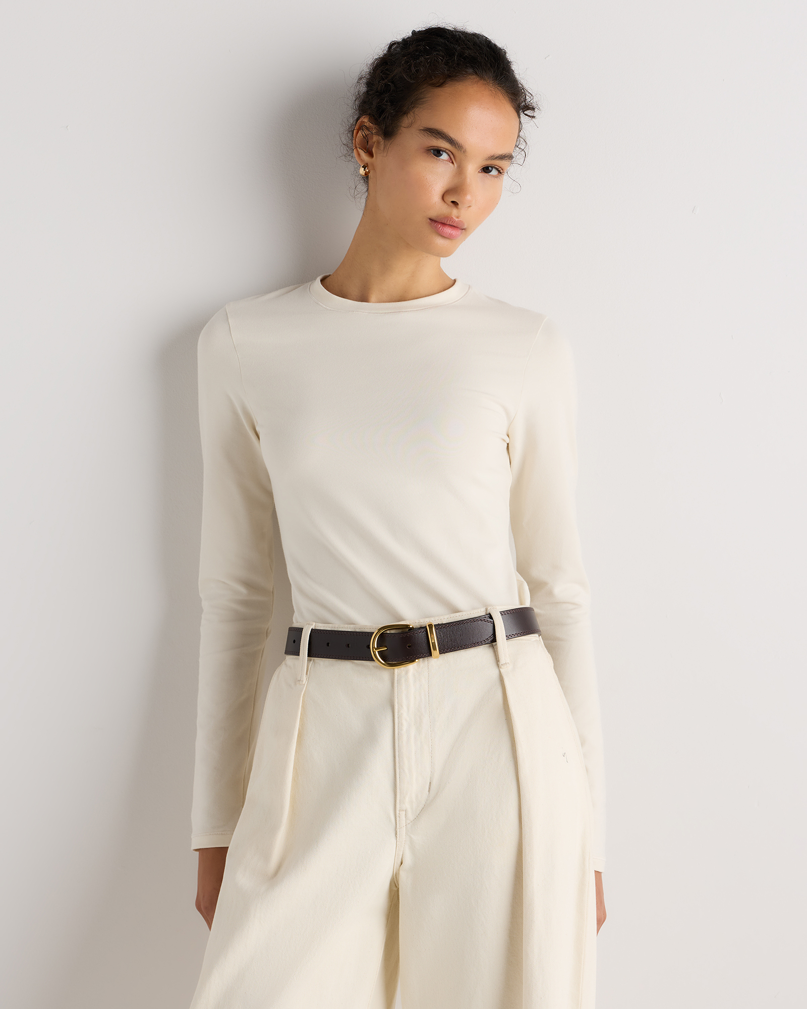 Linen White Stretch Cotton Jersey Fitted Long Sleeve T-Shirt