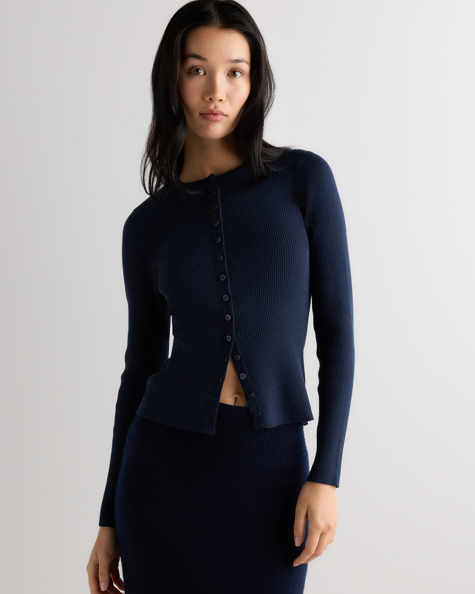 Atlas Navy Cardigan côtelé en coton et cachemire