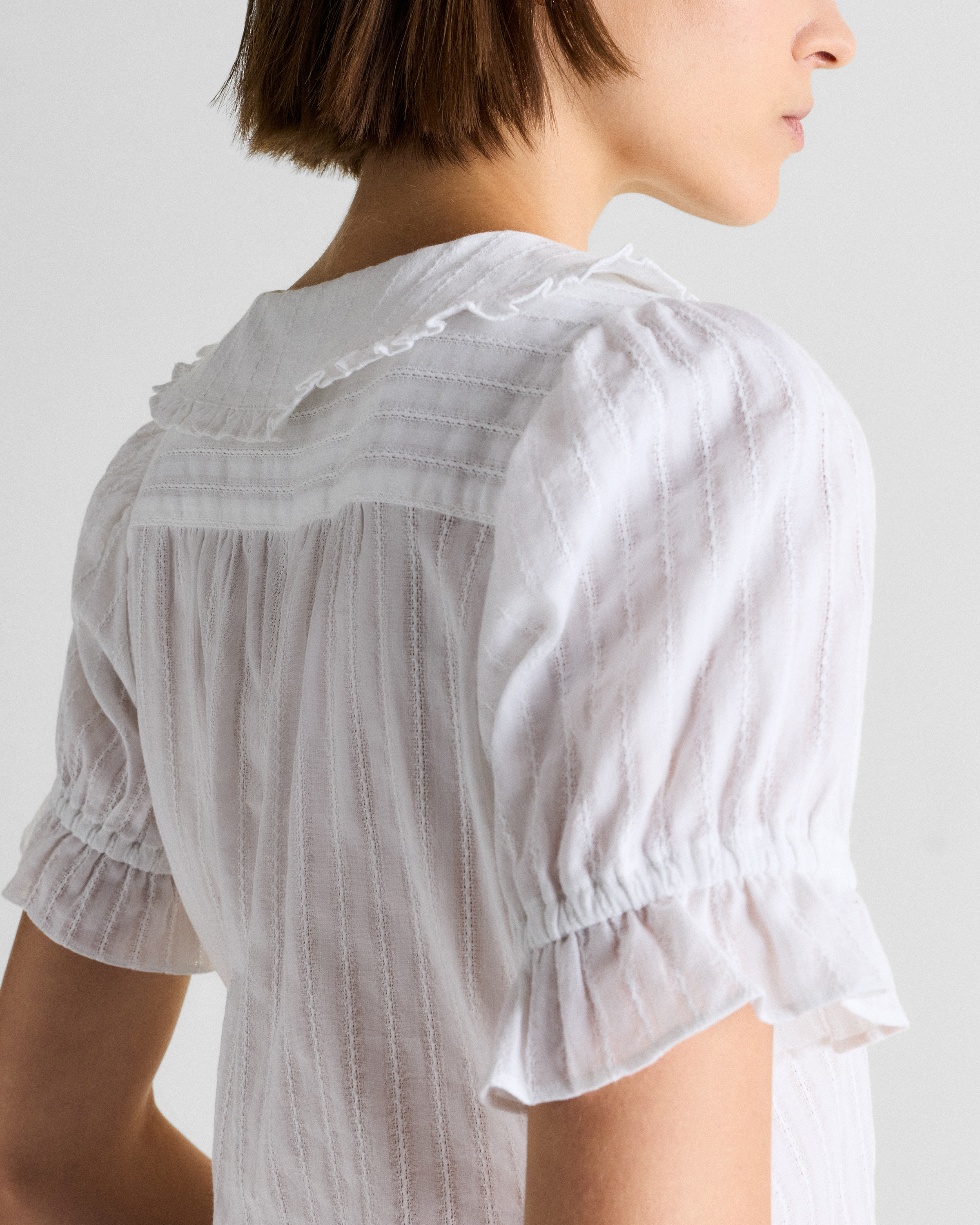 Embroidered Cotton Ruffle Collar Long Sleeve Blouse