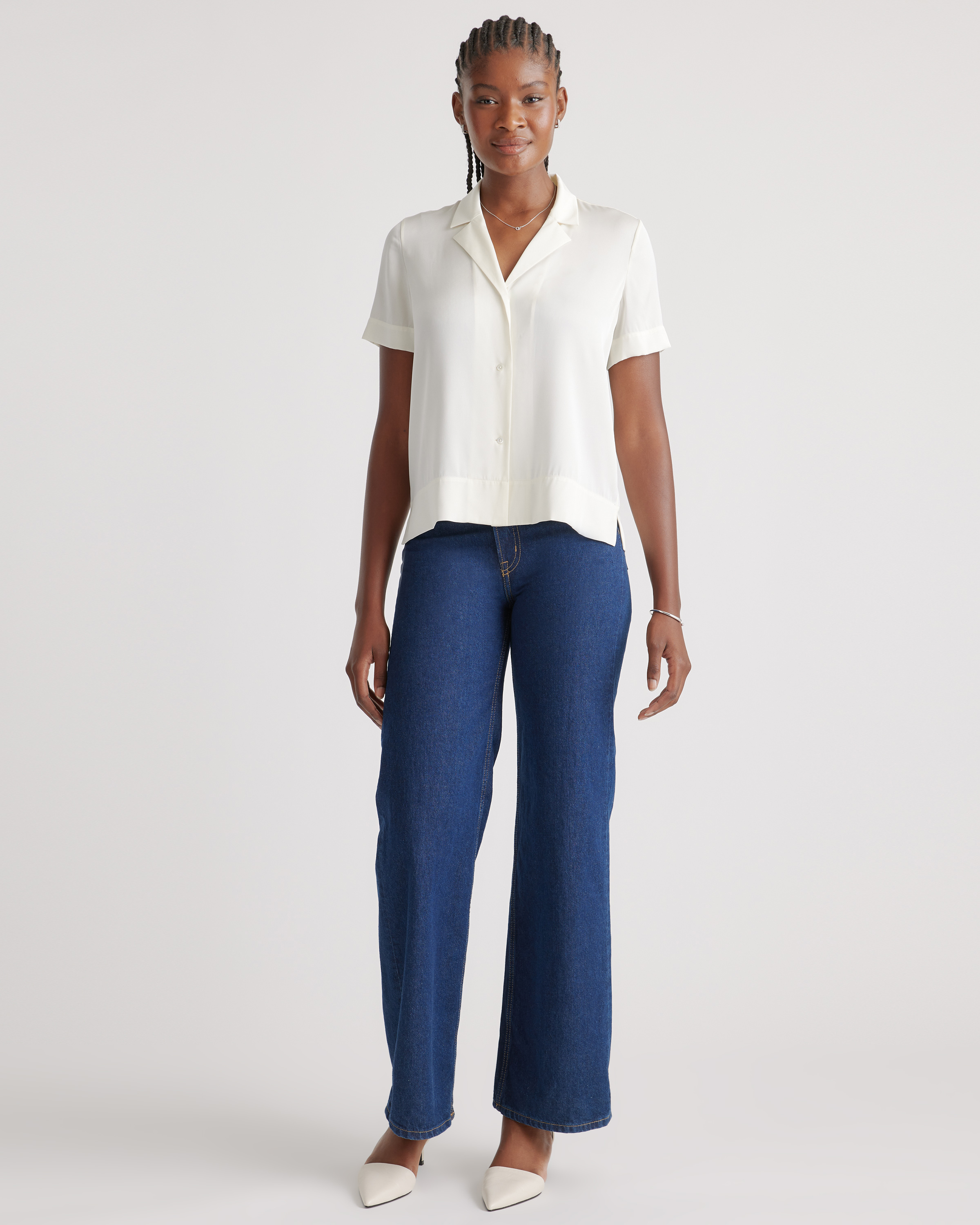 Washable Stretch Silk Short Sleeve Notch Collar Blouse in Ivory