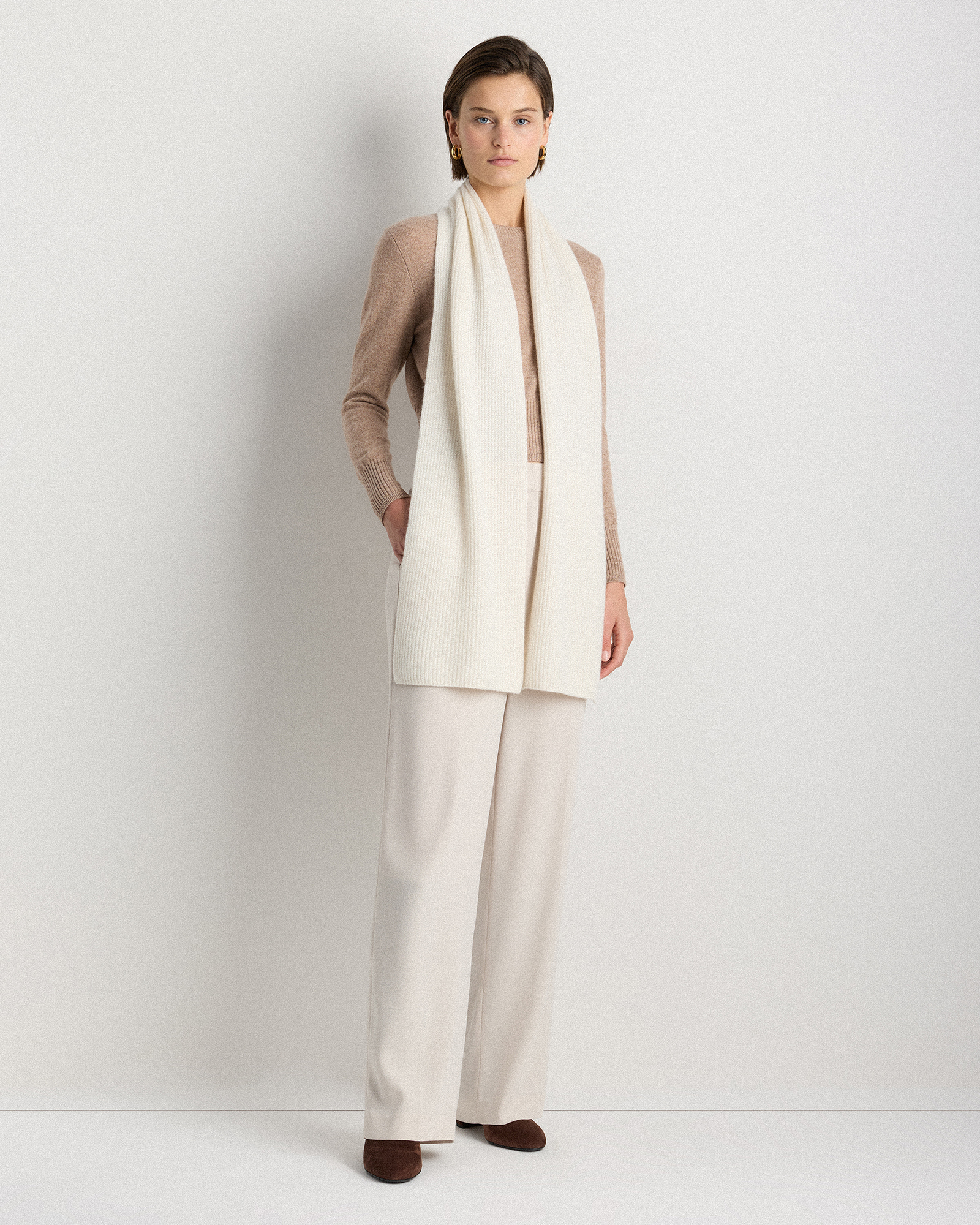 Ivory Mongolian Cashmere Ribbed Scarf