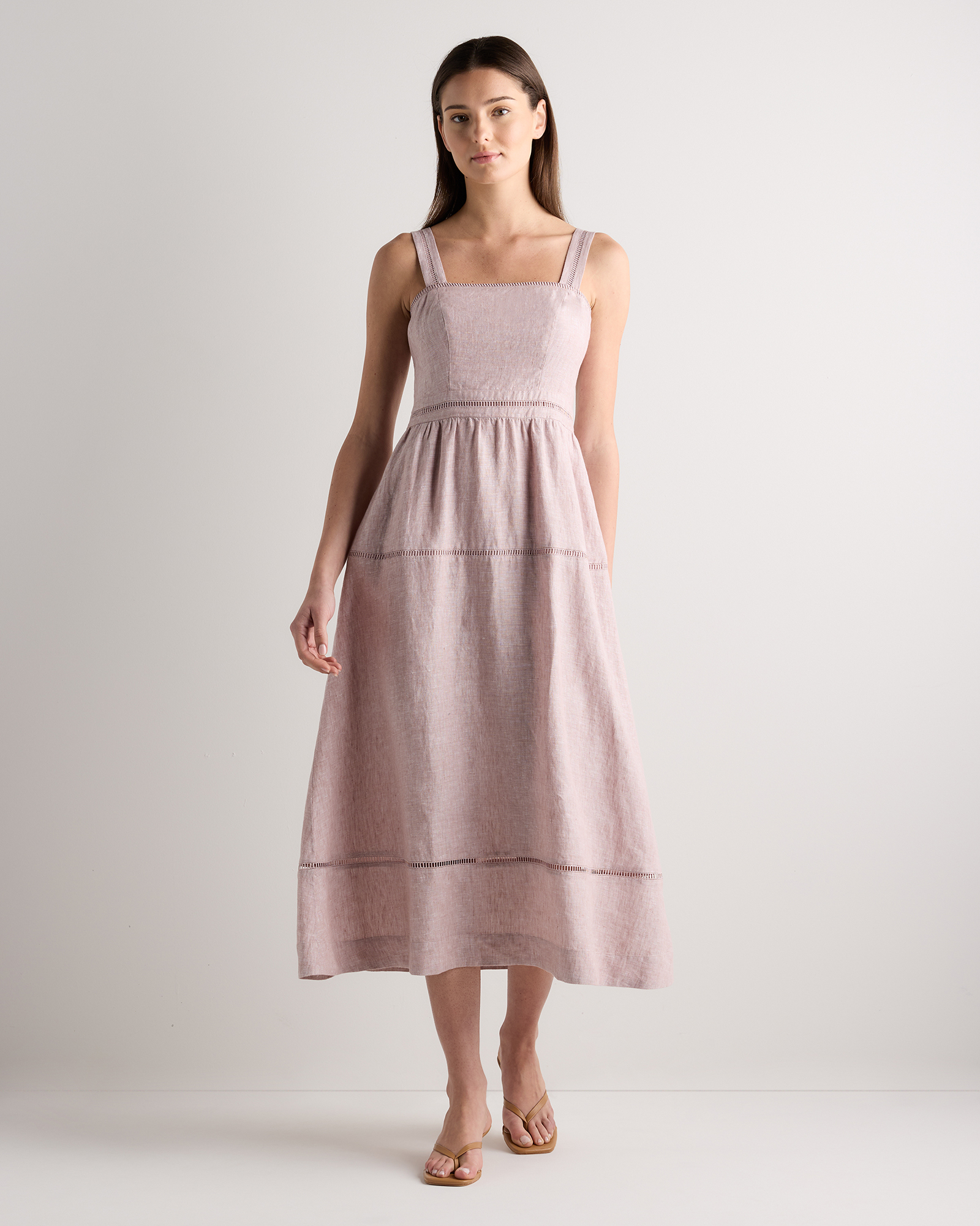 Vintage Pink Chambray 100% European Linen Ladder Stitch Midi Dress