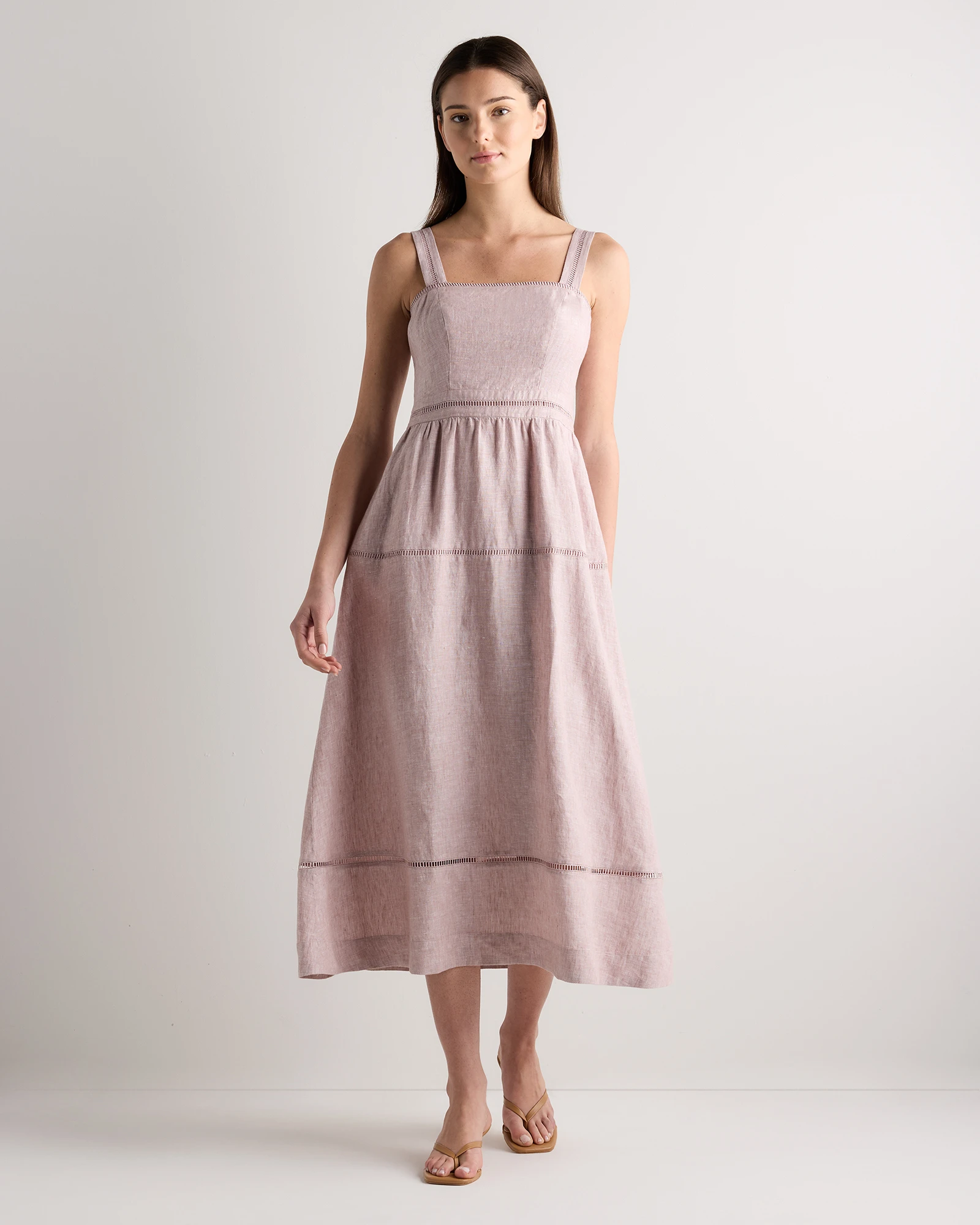 100% European Linen Ladder Stitch Midi Dress