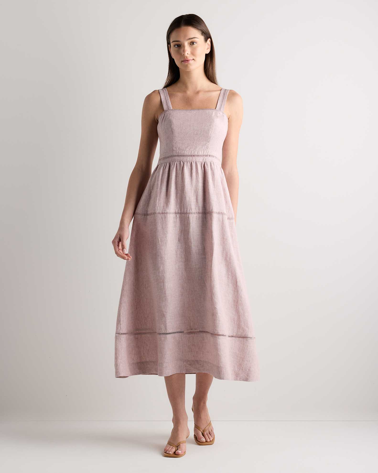 100% European Linen Ladder Stitch Midi Dress in Vintage Pink Chambray 100% European Linen Ladder Stitch Midi Dress in Vintage Pink Chambray