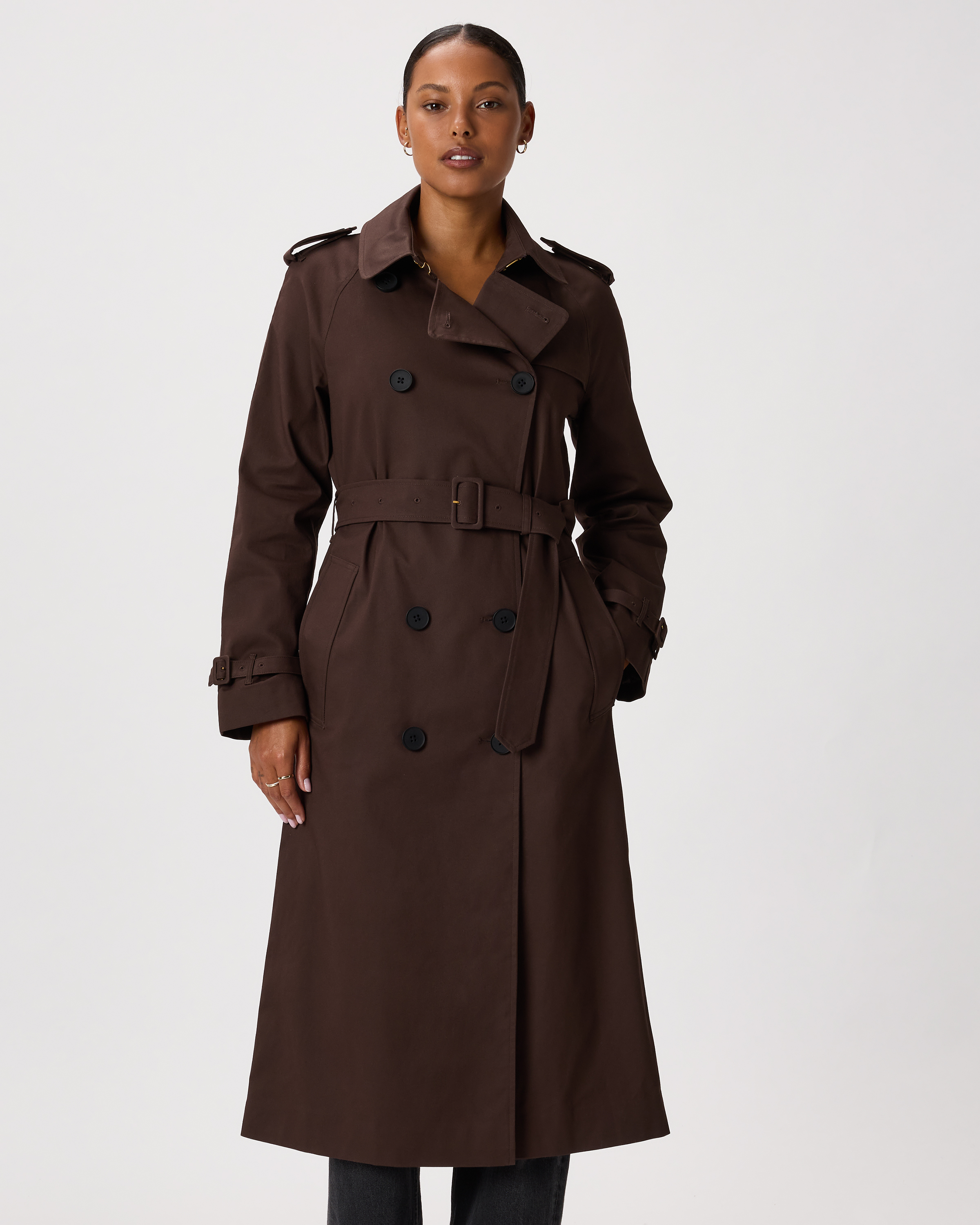 Comfort Stretch Long Trench Coat in Coffee Bean Brown