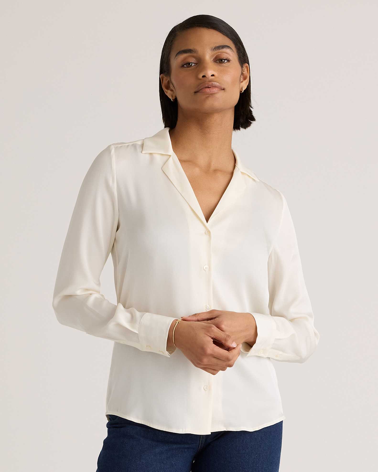Women's 100% Washable Silk Stretch Notch Collar Blouse in Ivory, Size Large by Quince Women's 100% Washable Silk Stretch Notch Collar Blouse in Ivory, Size Large by Quince
