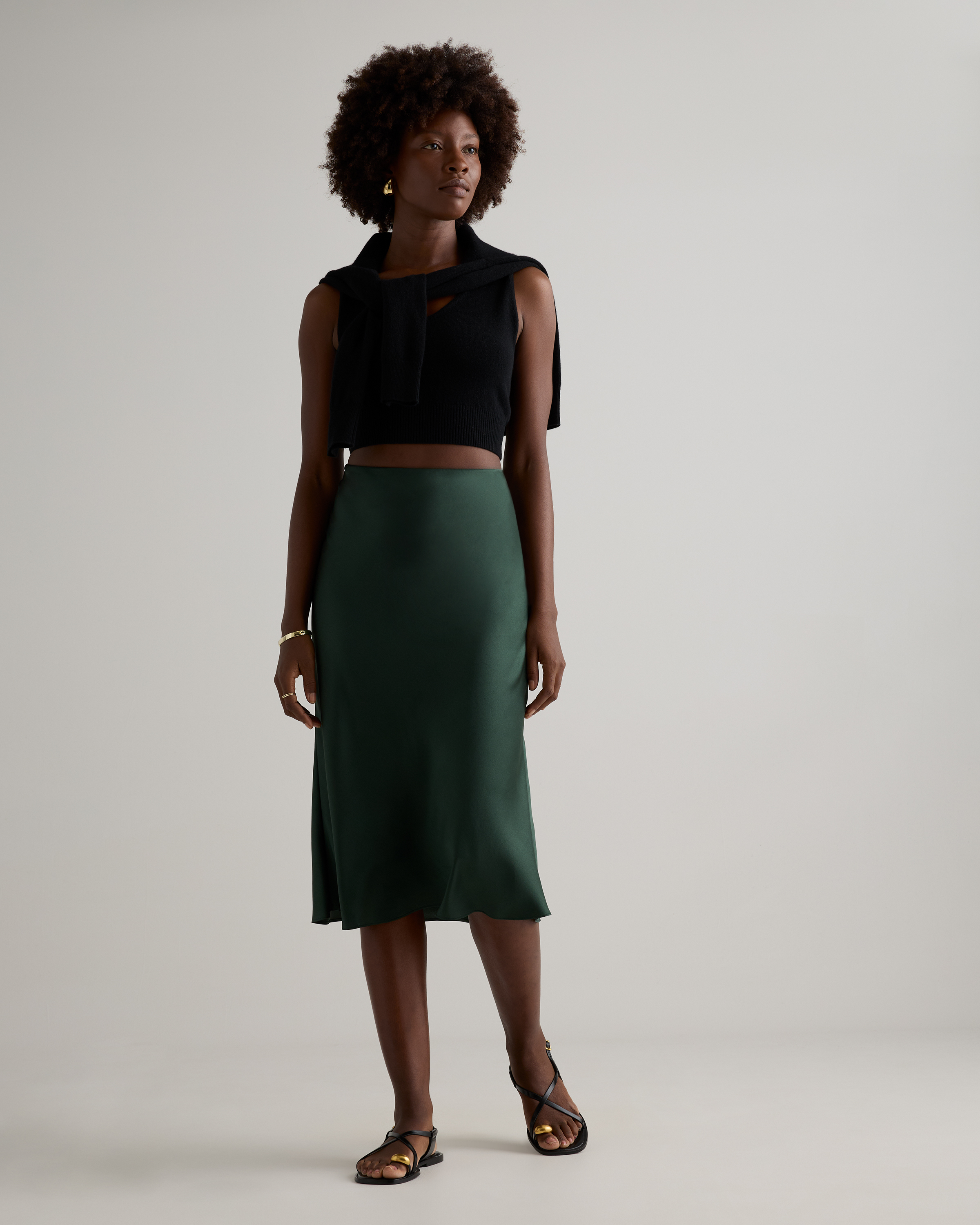 Quince Women's Midi Skirt in Forest Green, Size Medium Stylish Bias Cut, Silk Material, Hypo-Allergenic Thermoregulating