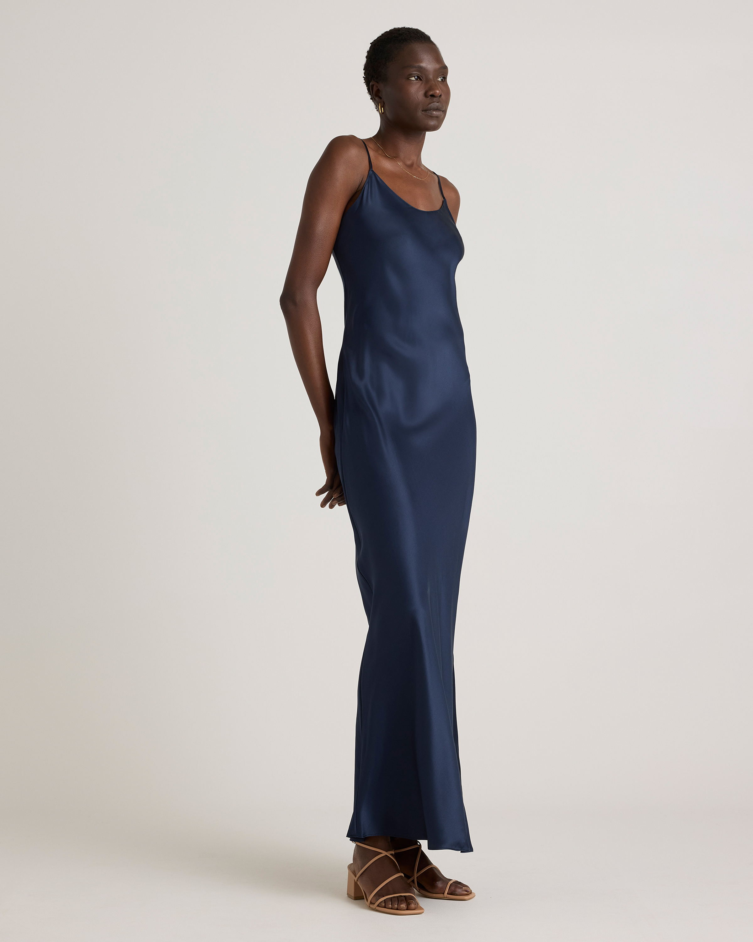 100% Washable Silk Maxi Slip Dress in Navy