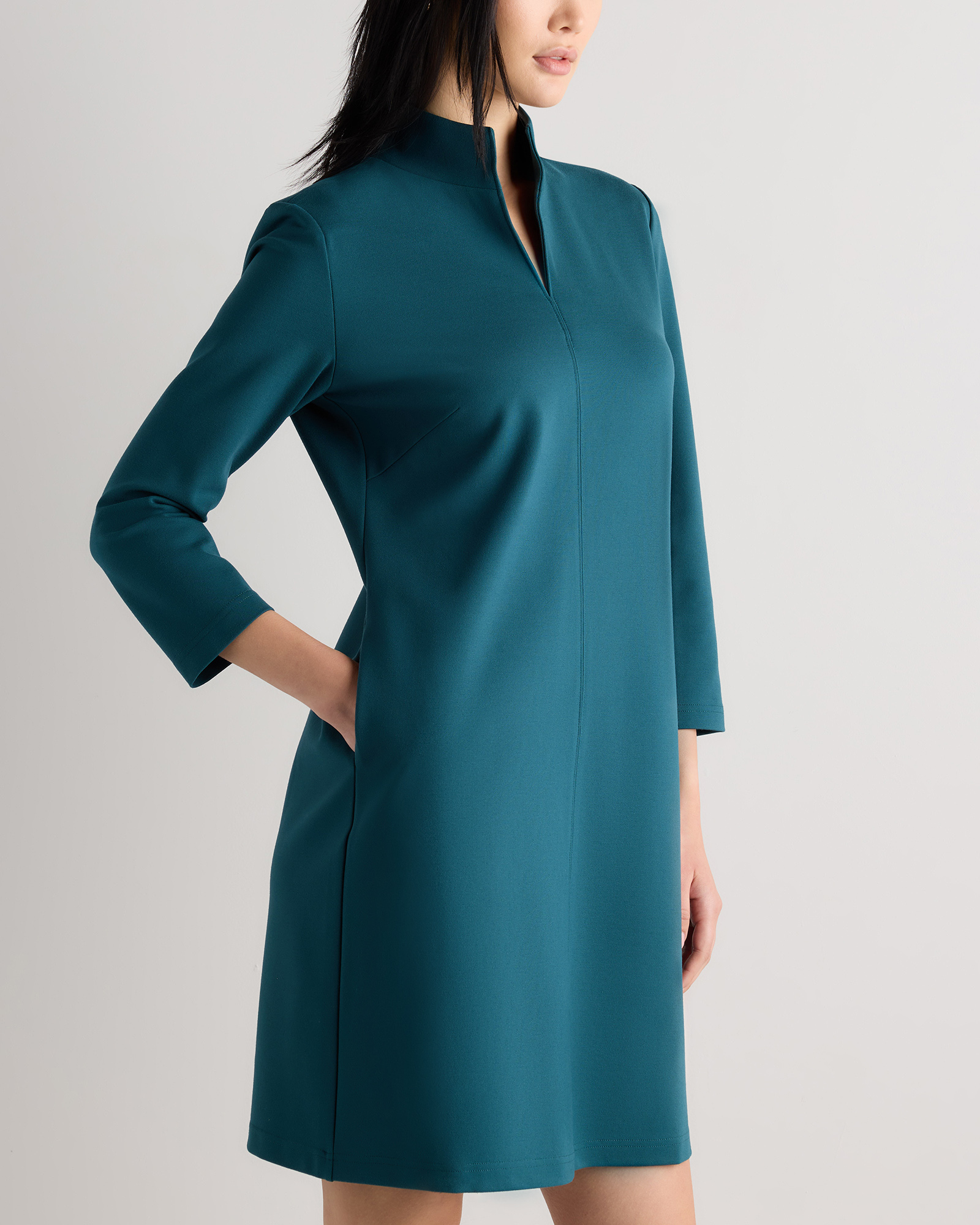 Ultra-Stretch Ponte Split Neck Mini Dress in Ocean Green