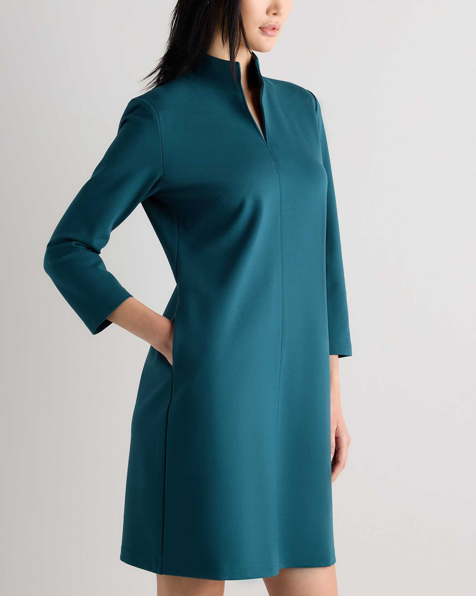 Ultra-Stretch Ponte Split Neck Mini Dress in Ocean Green Ultra-Stretch Ponte Split Neck Mini Dress in Ocean Green