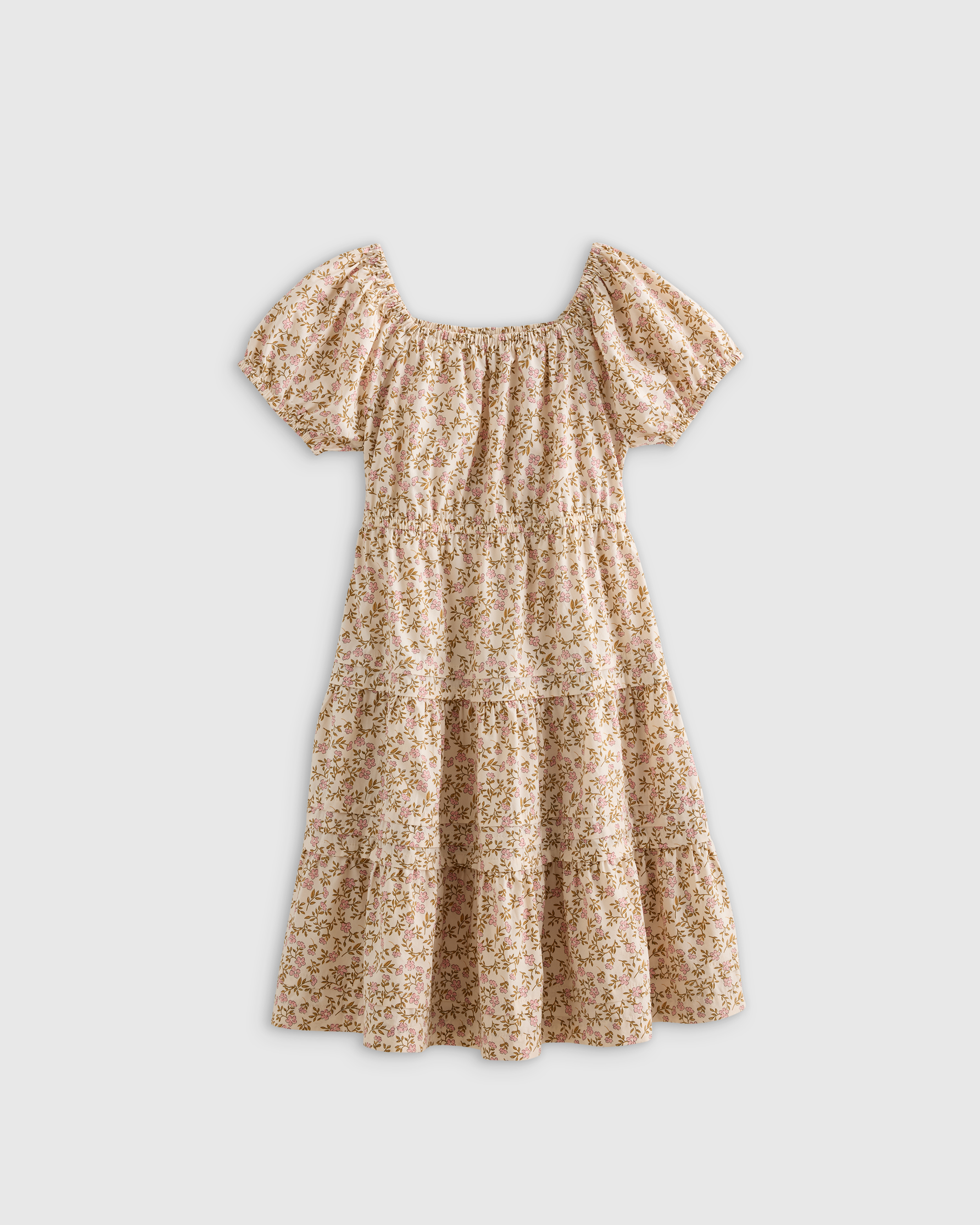 Peach Floral 100% Organic Cotton Poplin Tiered Dress