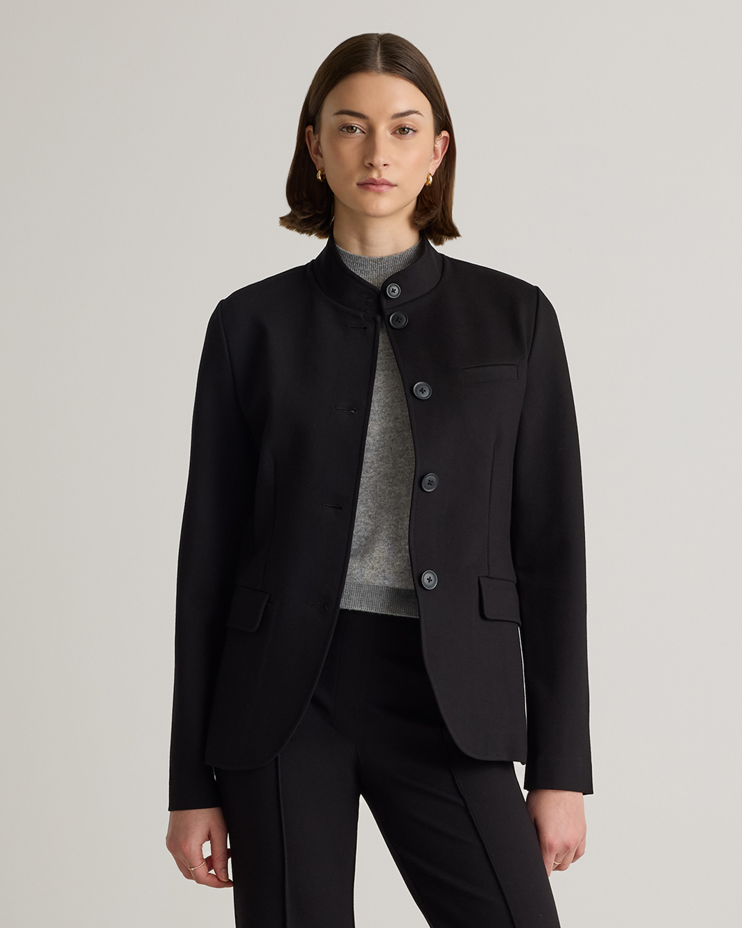 Black Ultra-Stretch Ponte Stand Collar Blazer