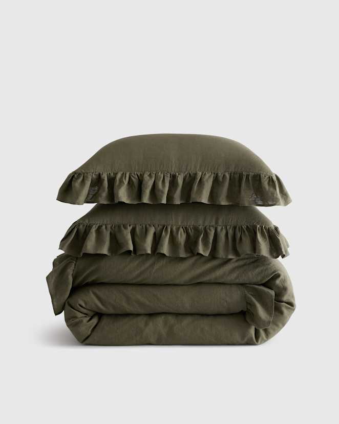 Dusty Olive European Linen Ruffle Duvet Cover Set