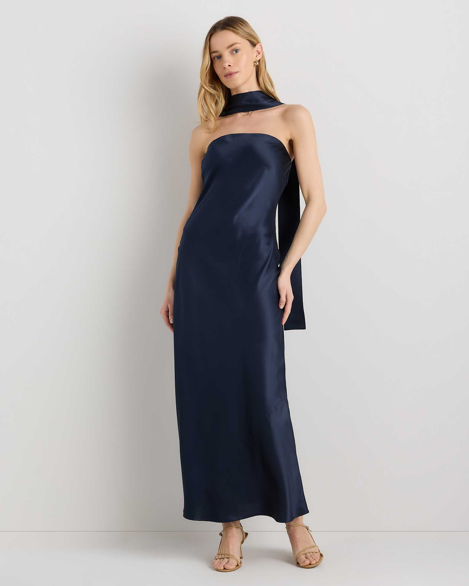 100% Washable Silk Strapless Scarf Maxi Dress in Navy 100% Washable Silk Strapless Scarf Maxi Dress in Navy