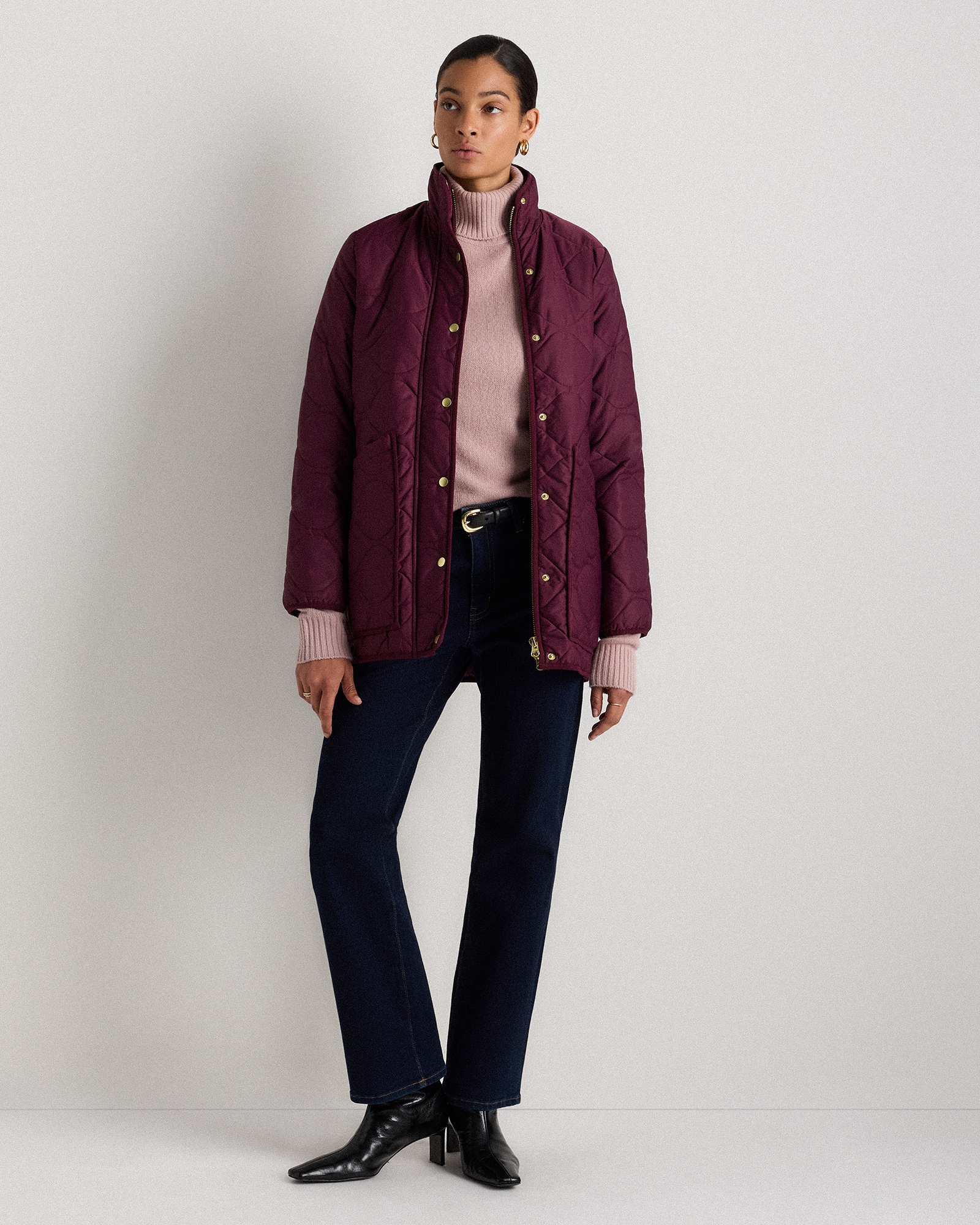 Featherless Quilted Long Puffer Jacket in Barolo Burgundy