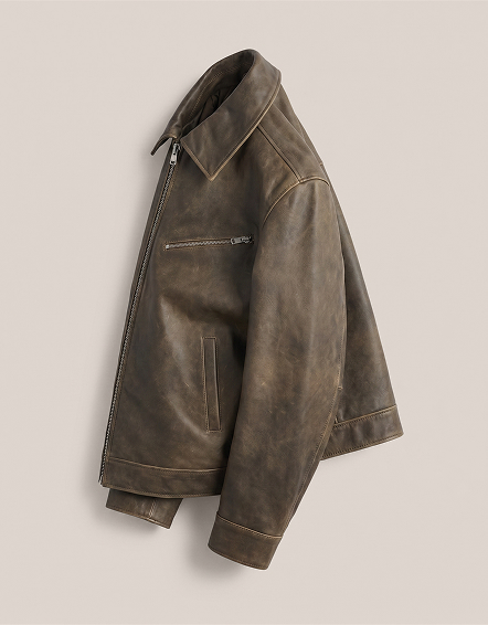 Distressed Brown Blouson aviateur surdimensionné en cuir à 100 %