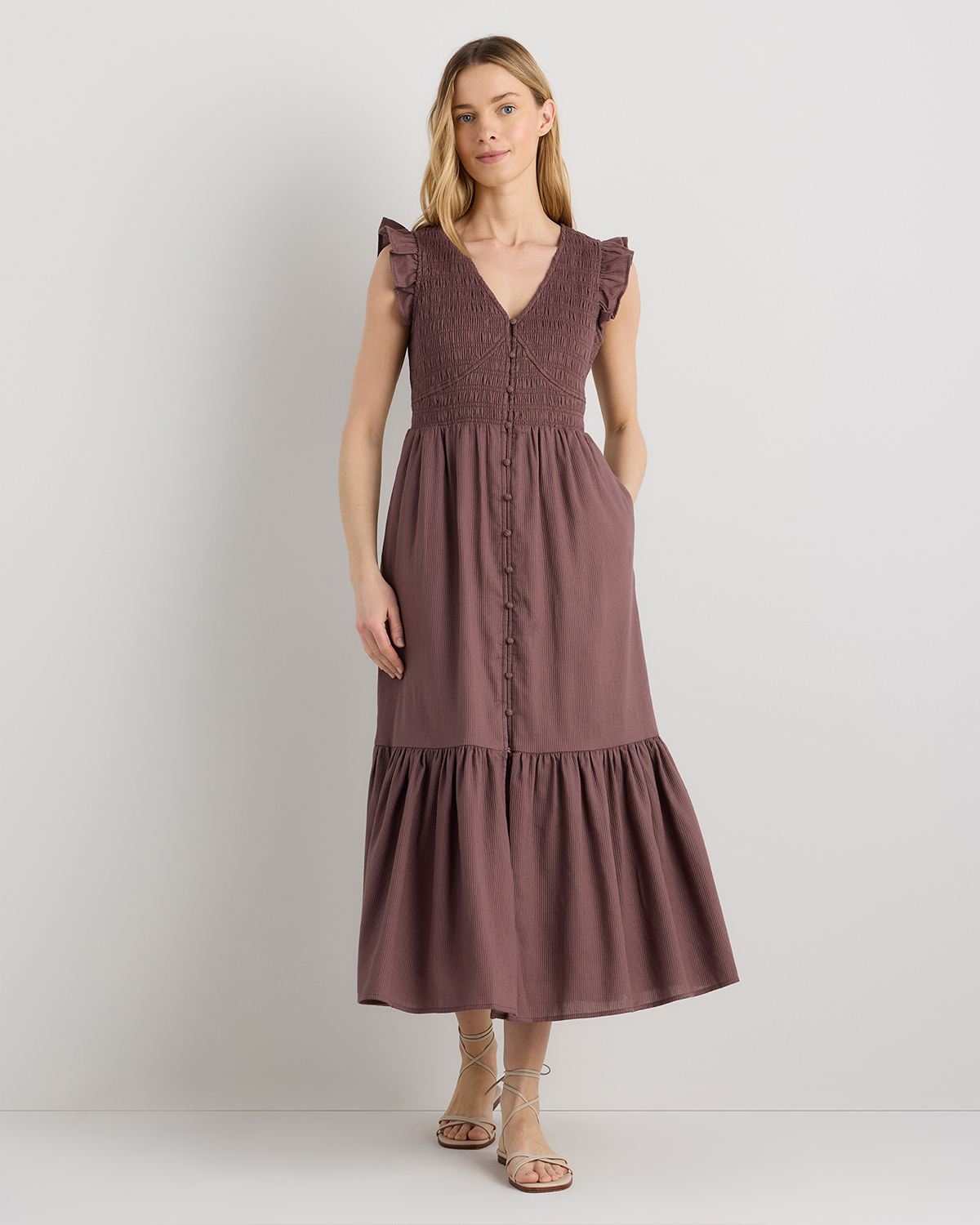 Taupe Brown Organic Textured Cotton Smocked V-Neck Midi Dress
