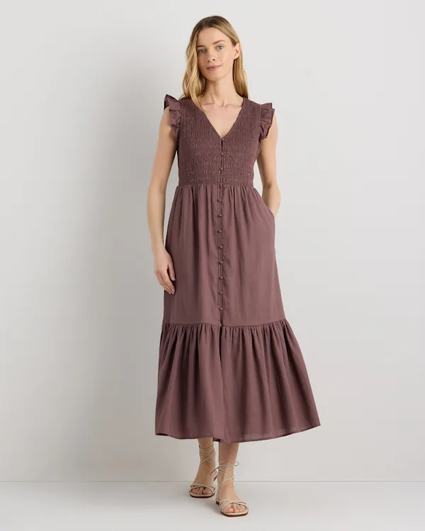 Organic Textured Cotton Smocked V-Neck Midi Dress