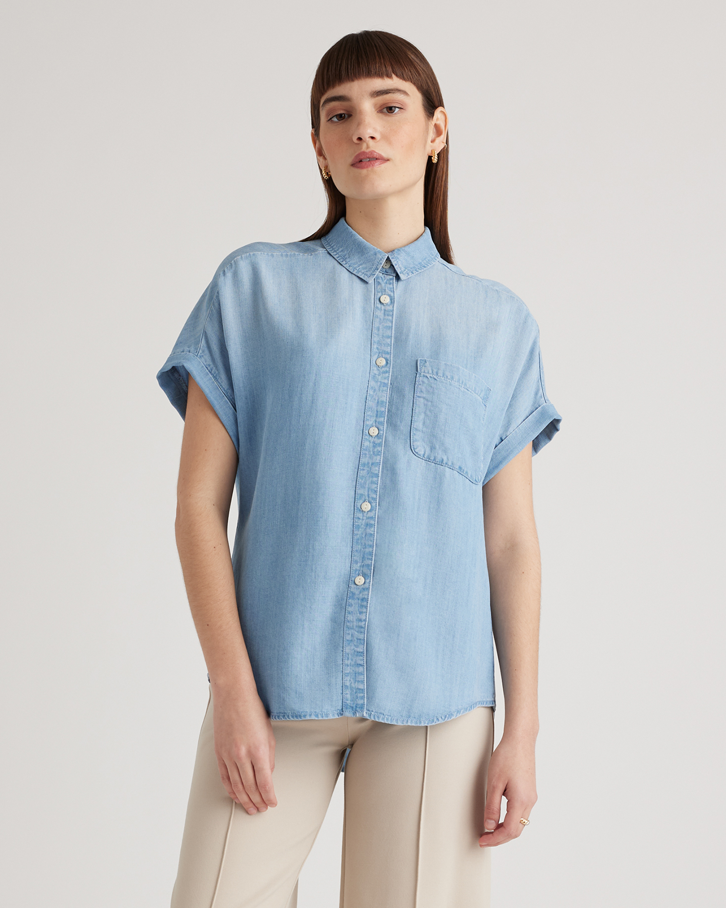 【ULLALA】Blue Tree Short Sleeve Women's Fair Blue Chambray Tencel Short Sleeve Shirt