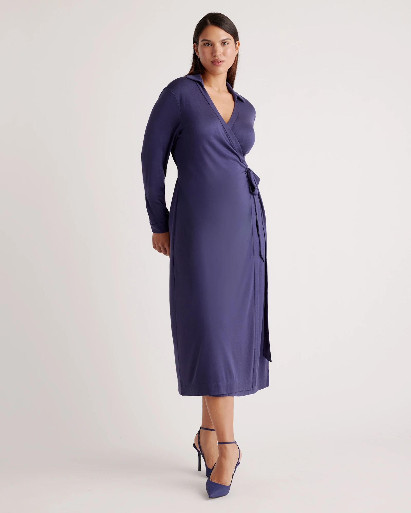 100% Silk Jersey Midi Wrap Dress in Navy, Size XS