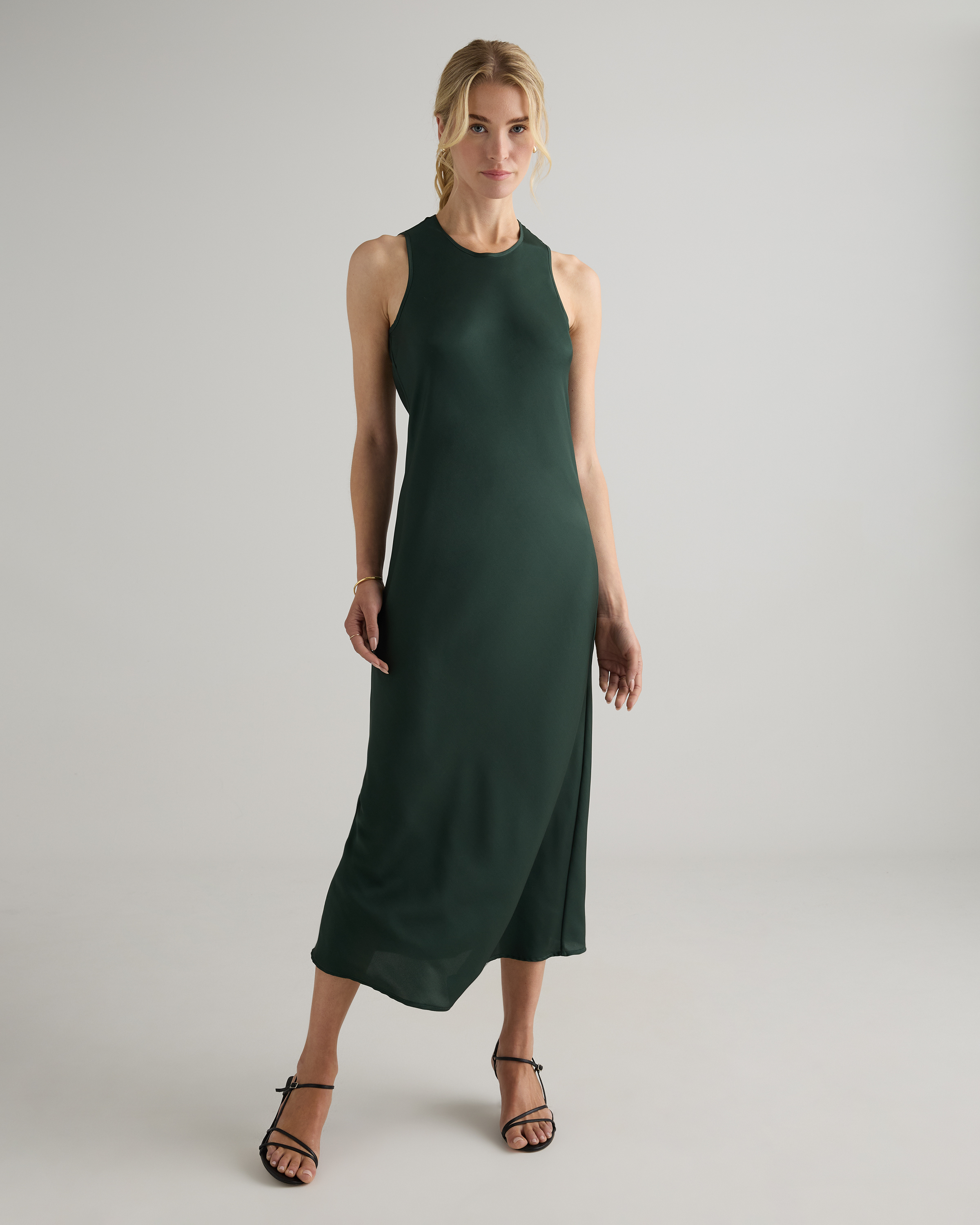 Forest Green Washable Stretch Silk Tank Midi Dress