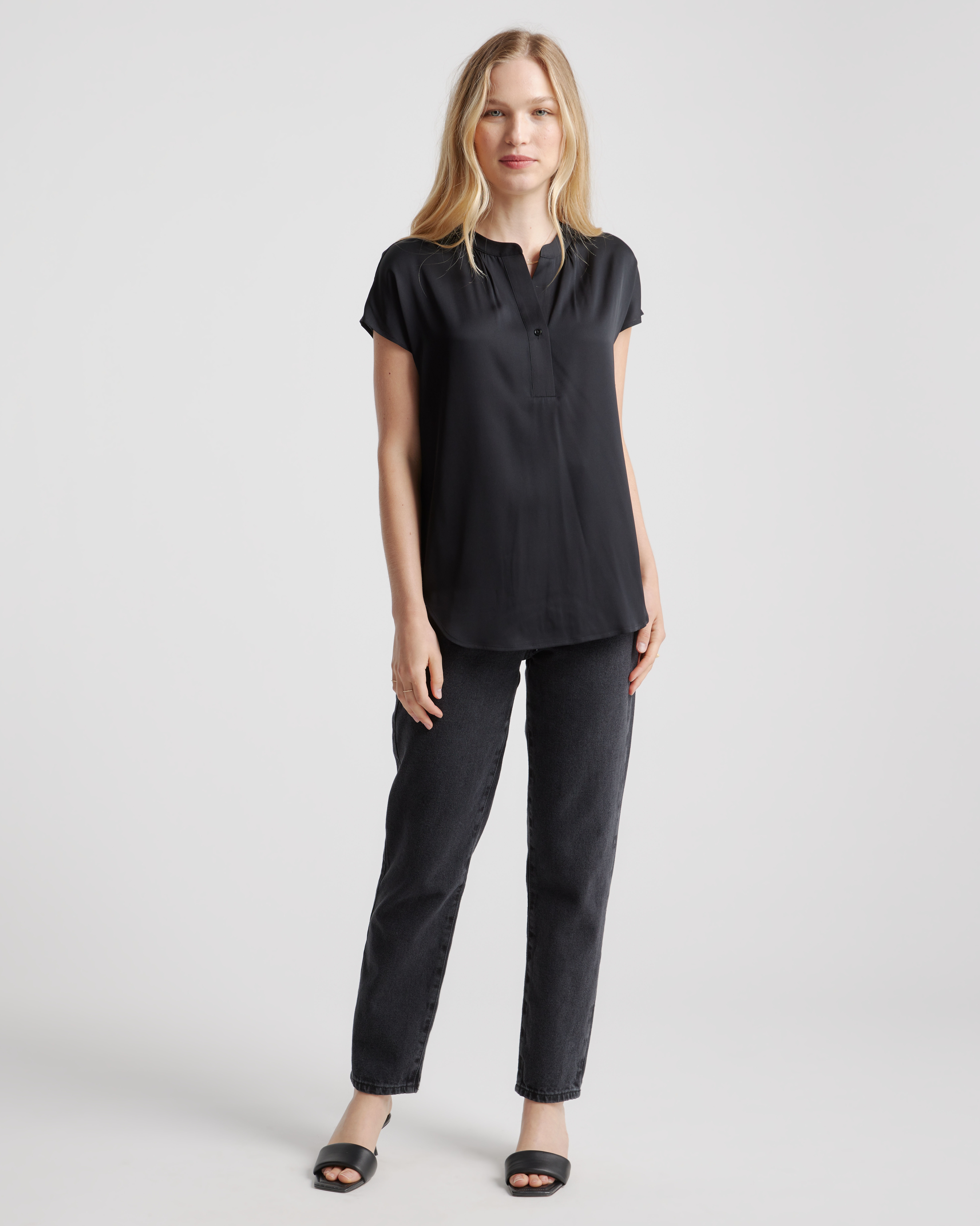 Women's Washable Stretch Silk Dolman Sleeve Blouse in Black
