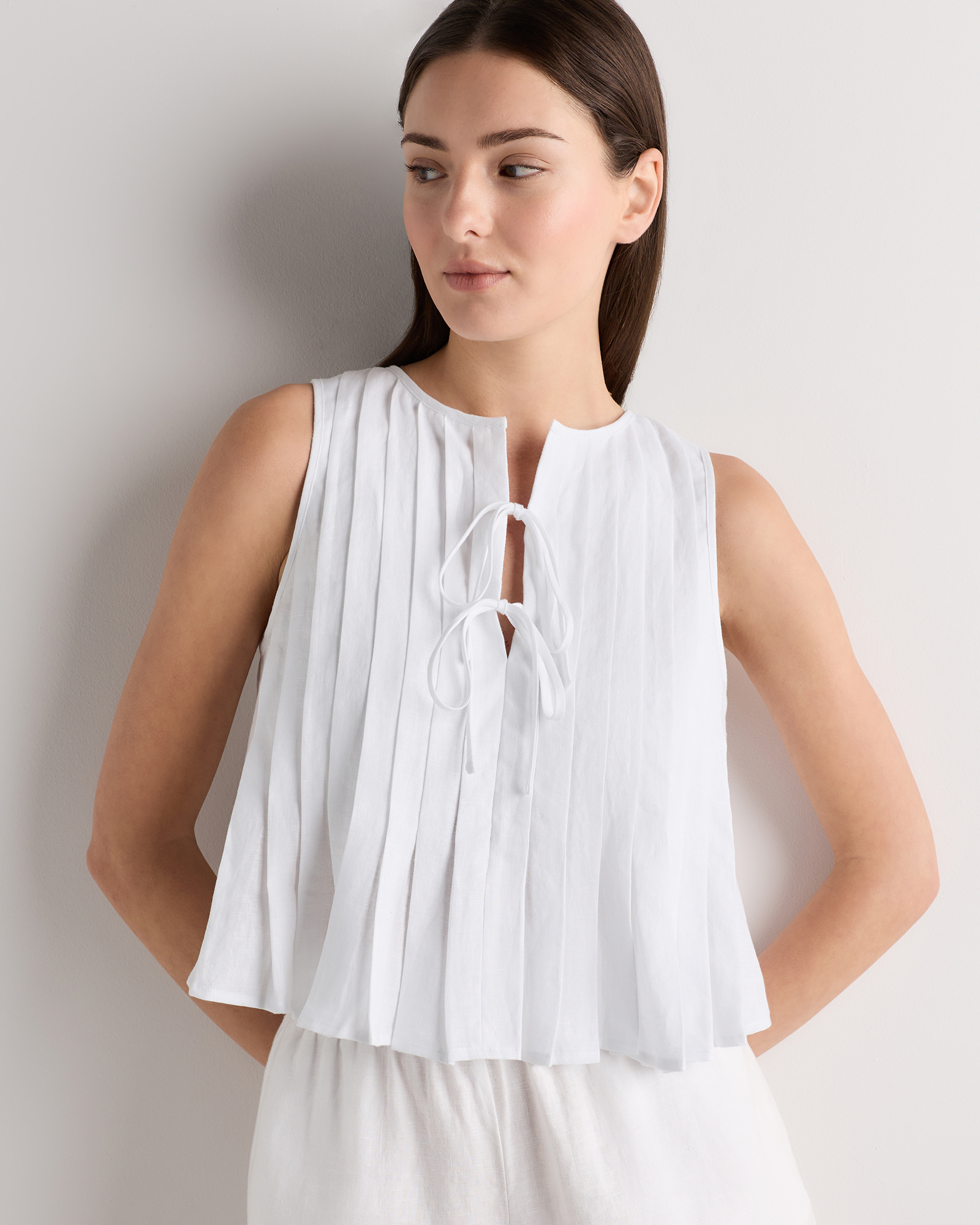 White 100% European Linen Pleated Tank