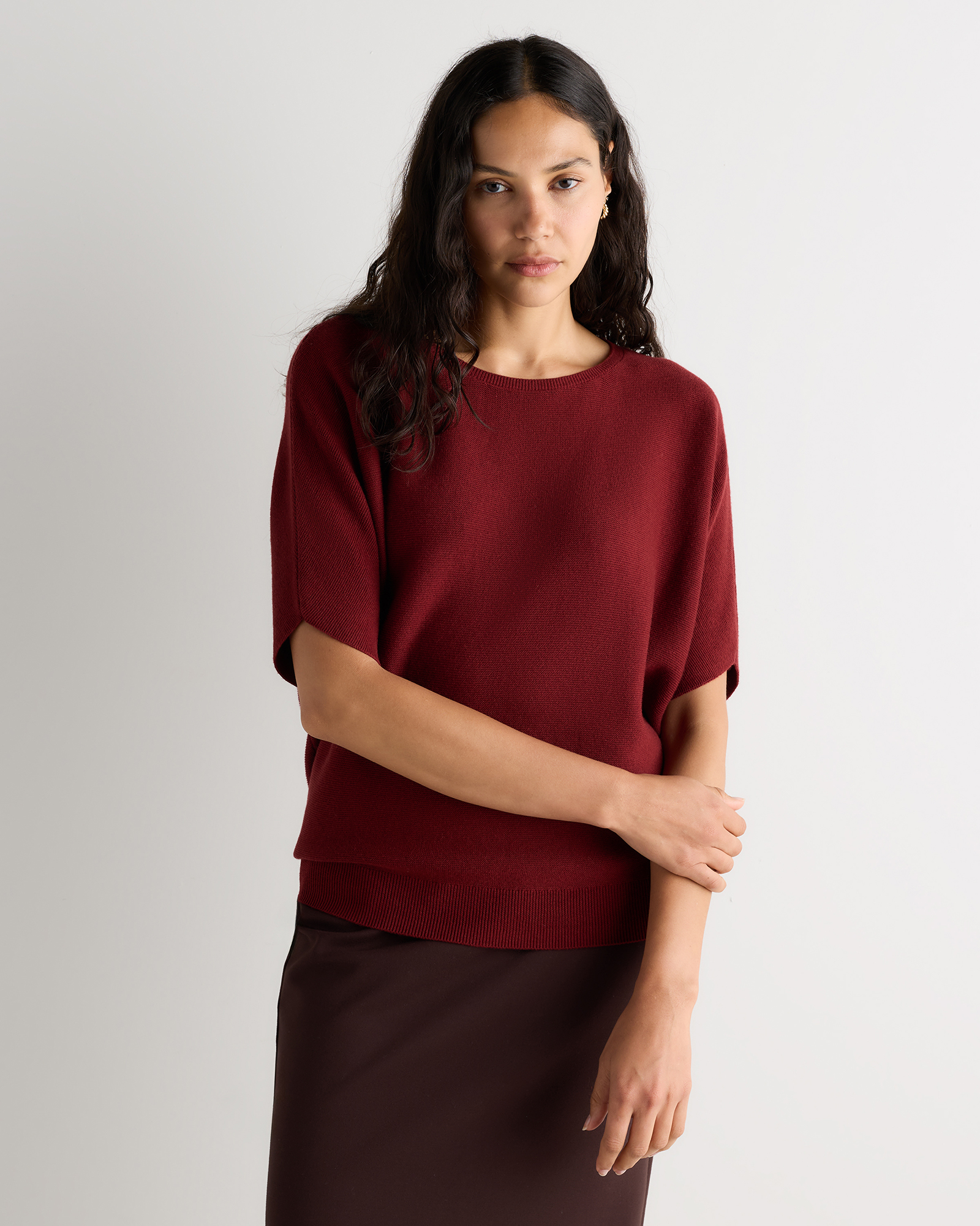Deep Brick Red Lightweight Cotton Cashmere Link-Stitch Dolman Sweater 