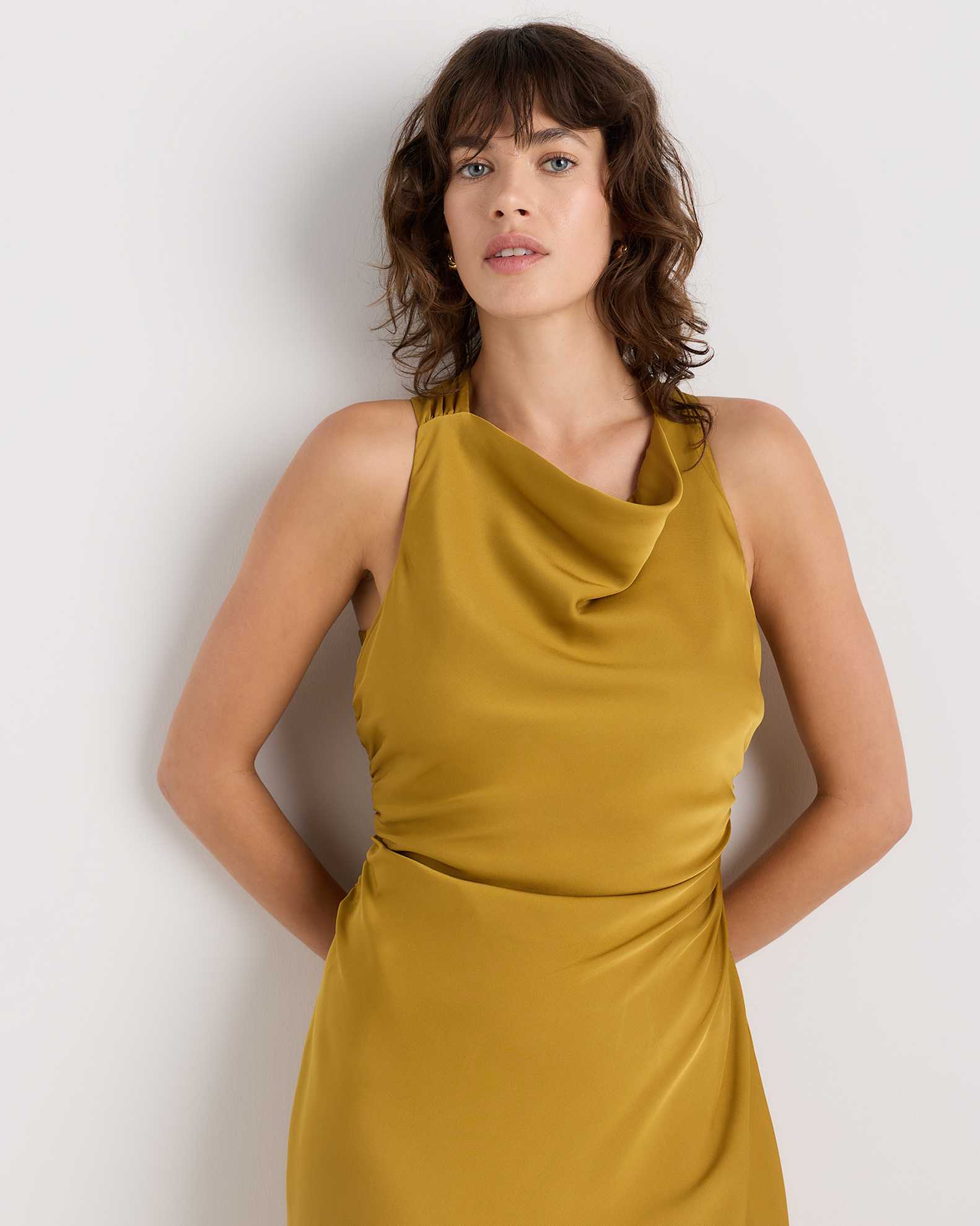 Washable Stretch Silk High Neck Midi Dress in Mineral Yellow Washable Stretch Silk High Neck Midi Dress in Mineral Yellow