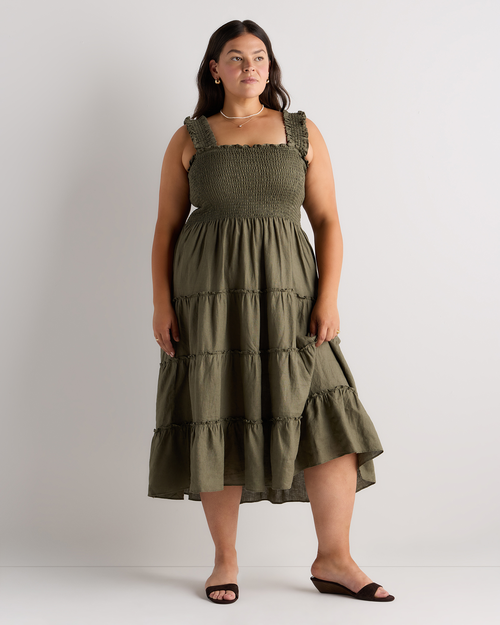 midi plus size linen dress Women's 100% European Linen Fit & Flare Midi Dress in Blue Pinstripe, Size 1X by Quince