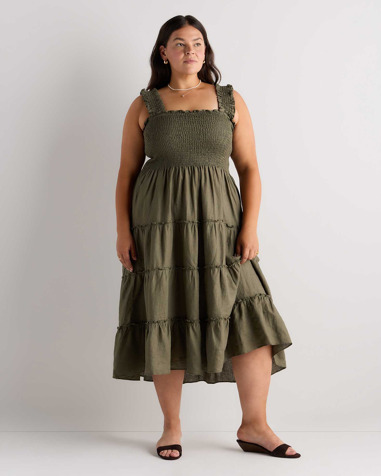 midi plus size linen dress Women's 100% European Linen Fit & Flare Midi Dress in Blue Pinstripe, Size 1X by Quince