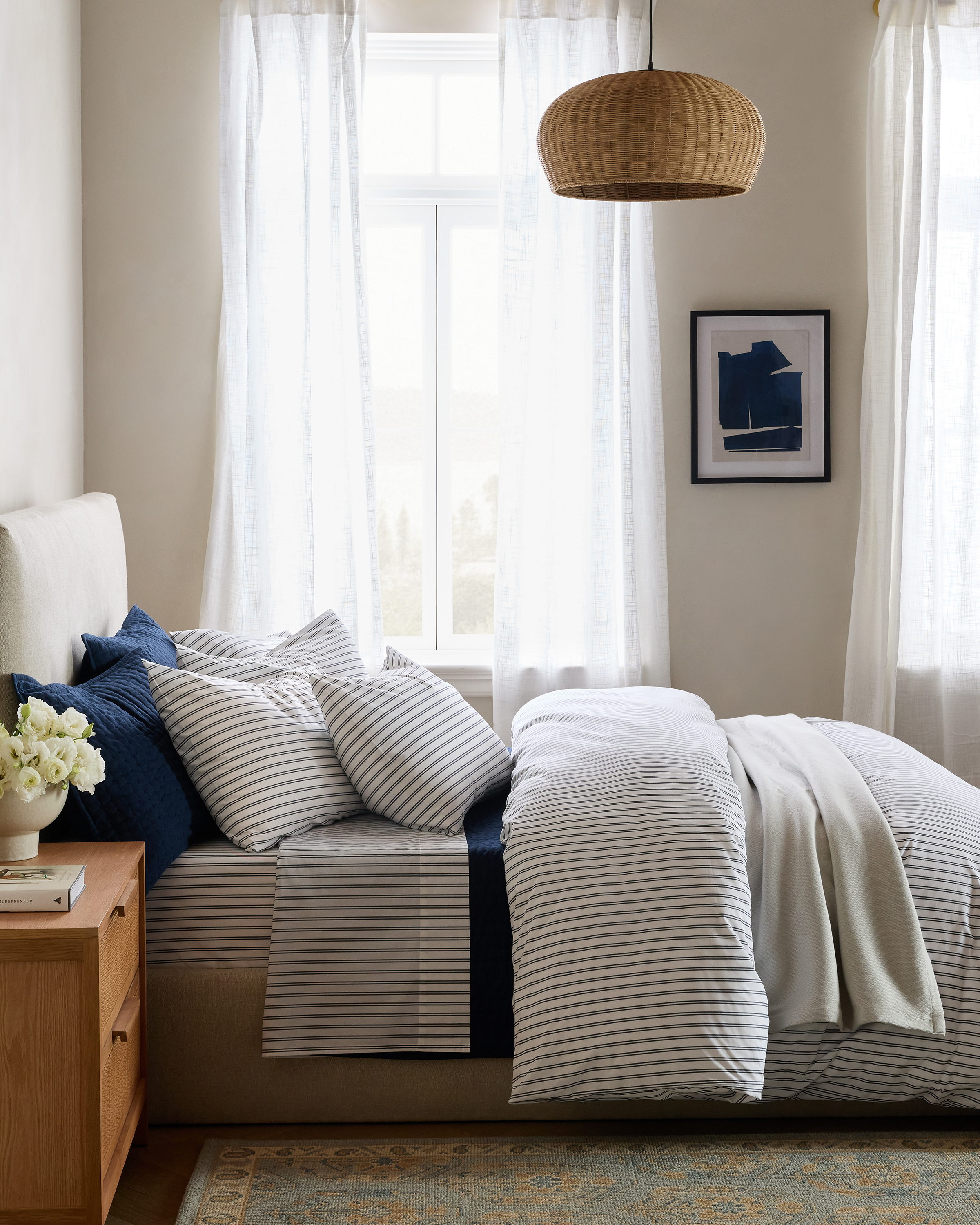 White/Navy Classic Organic Percale Double Stripe Duvet Cover
