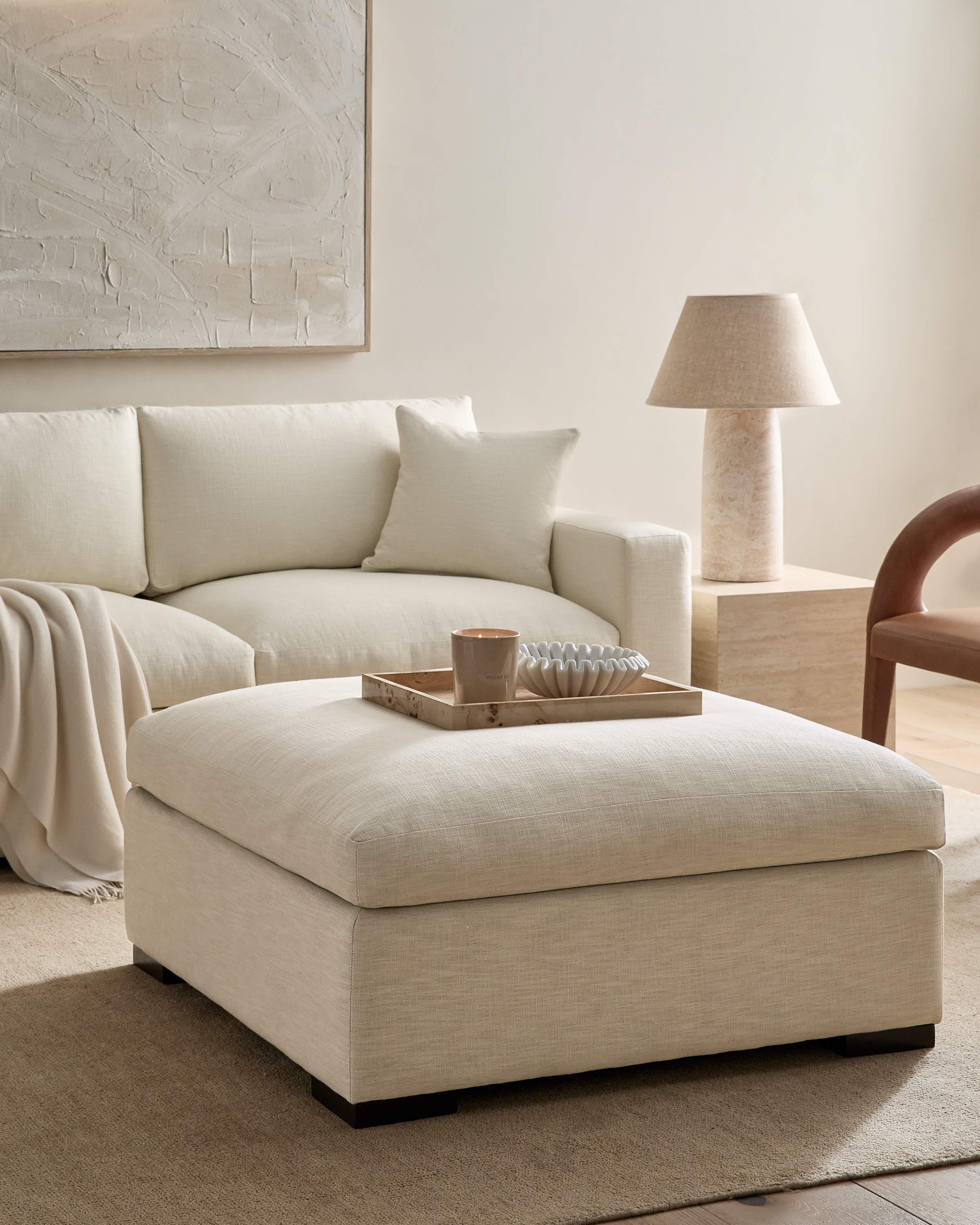 Oasis Ottoman in Performance Linen in Silver